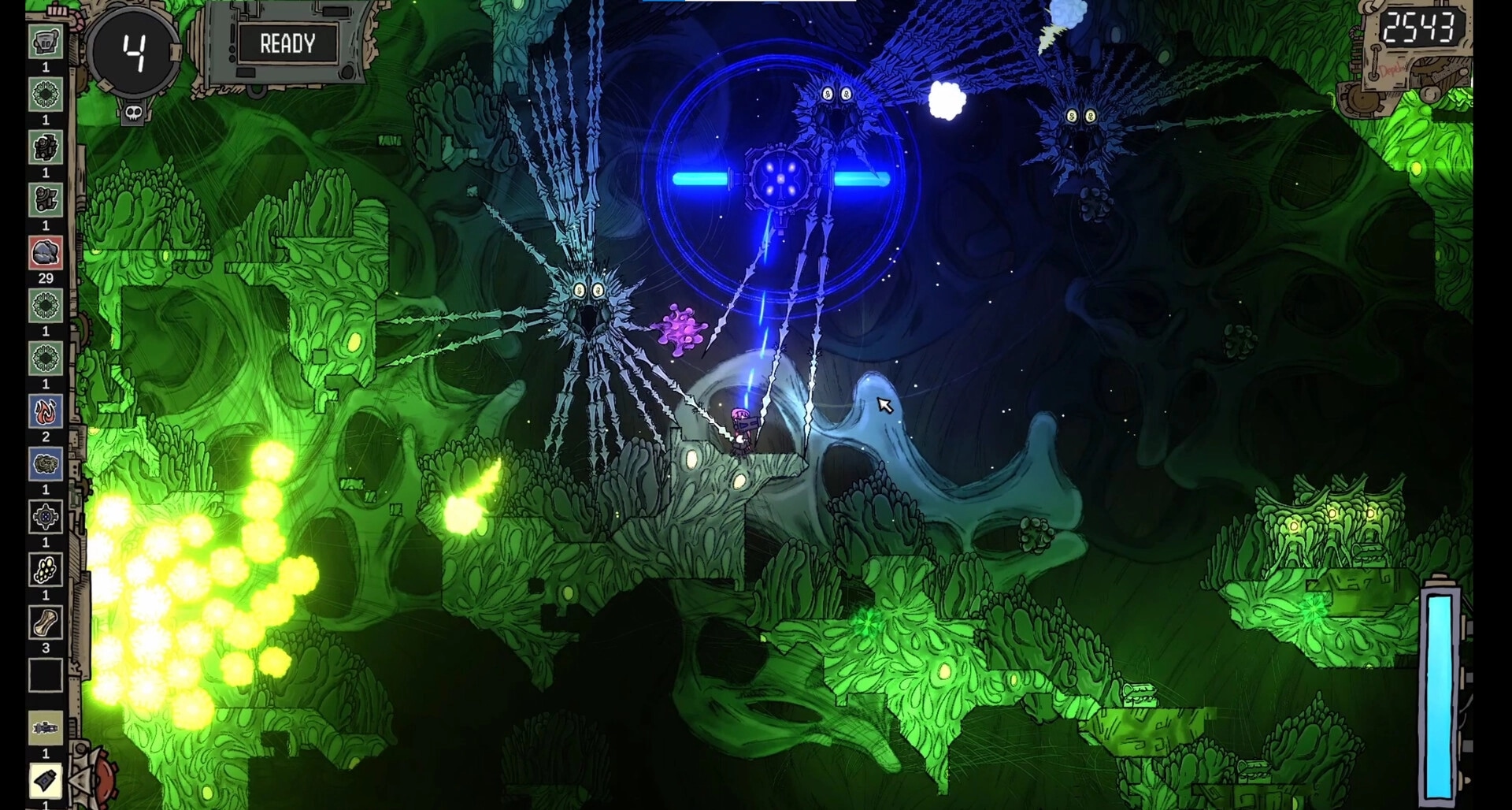 CleanFall: Player character battling skeleton creatures in a glowing green cave with a crafting menu visible.