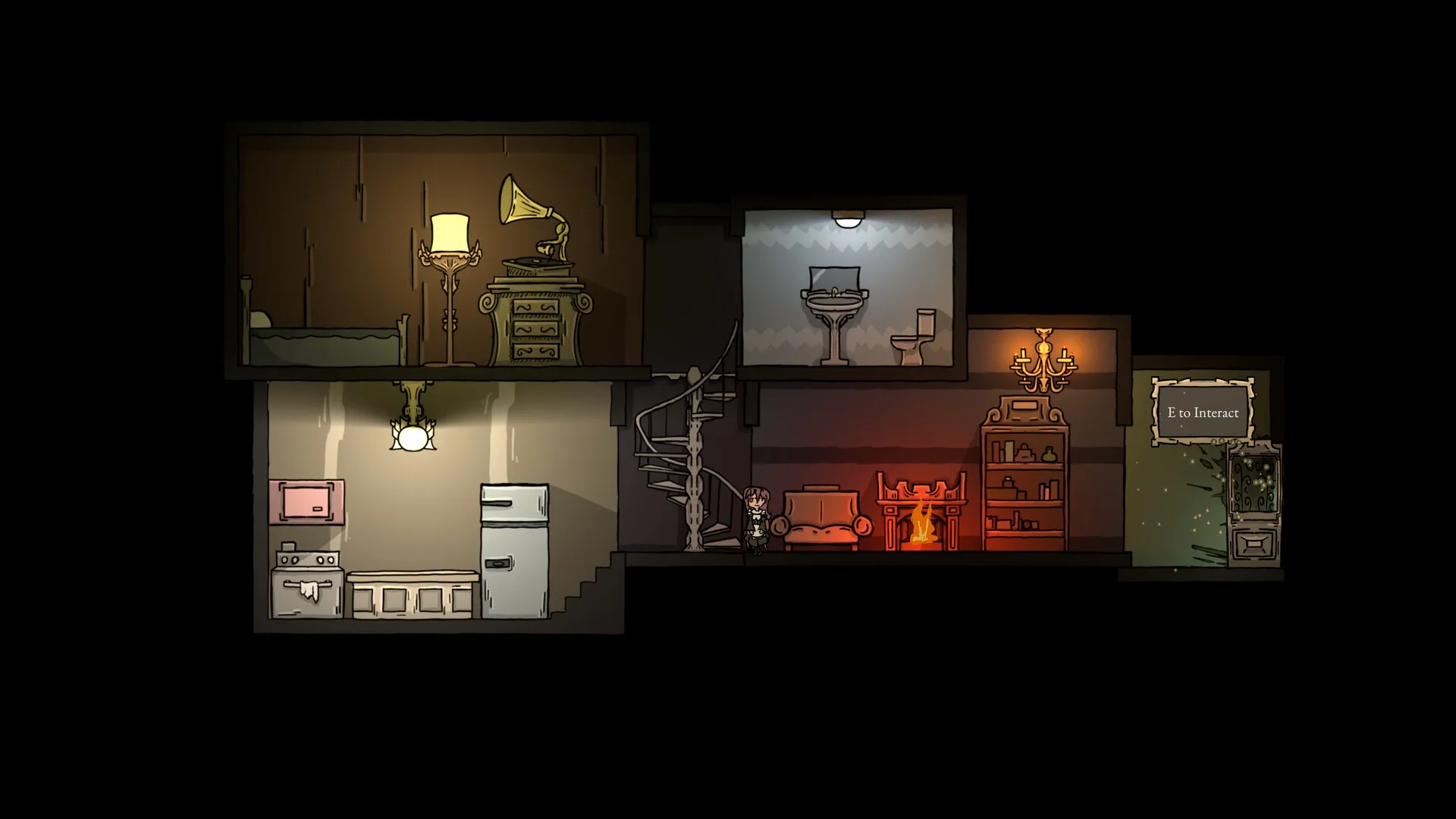 CleanFall: Character exploring multi-level house with spiral stairs, kitchen, and living room fireplace