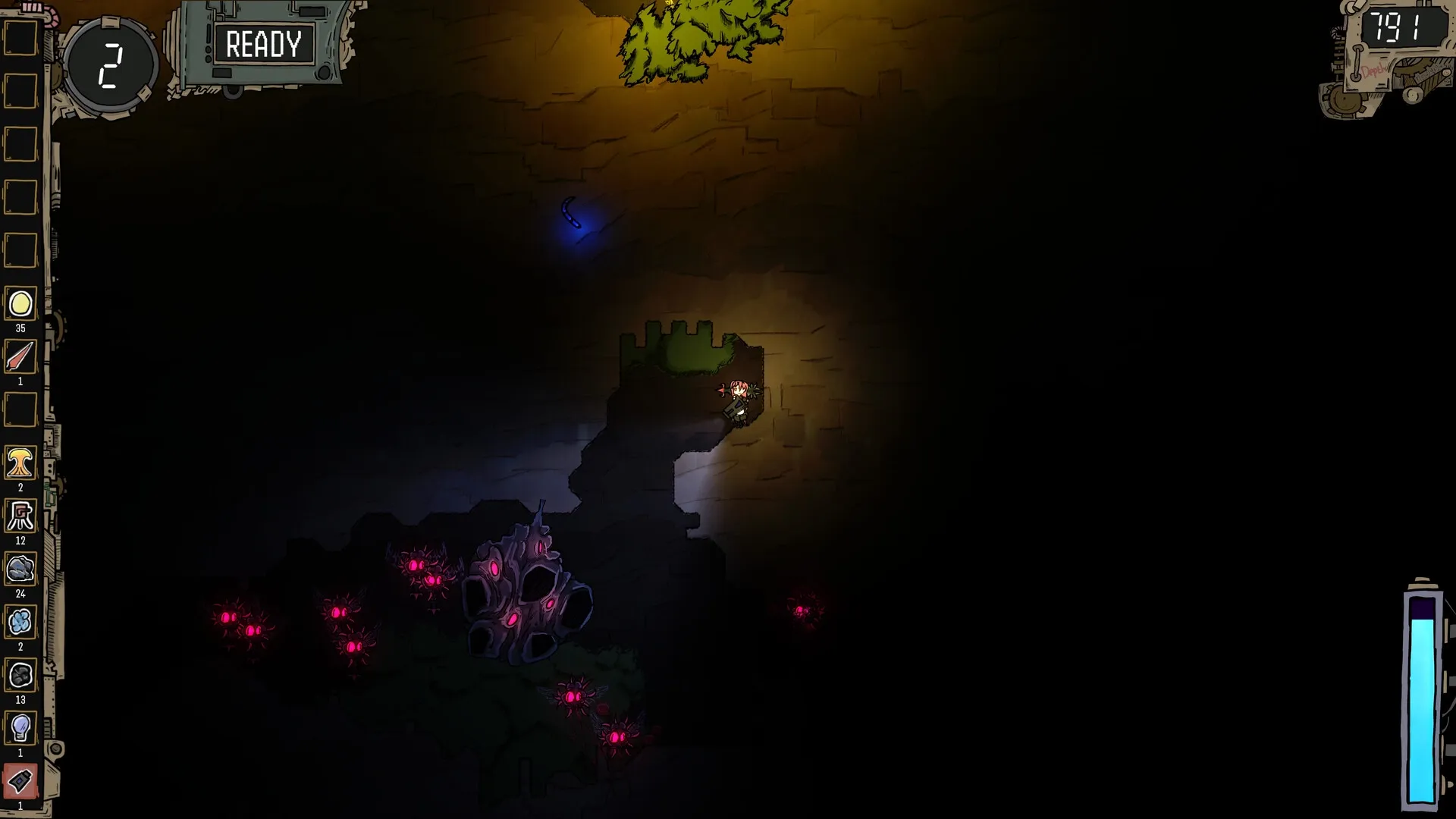 CleanFall: Player exploring dark cave with glowing red orbs and a visible resources inventory on the left