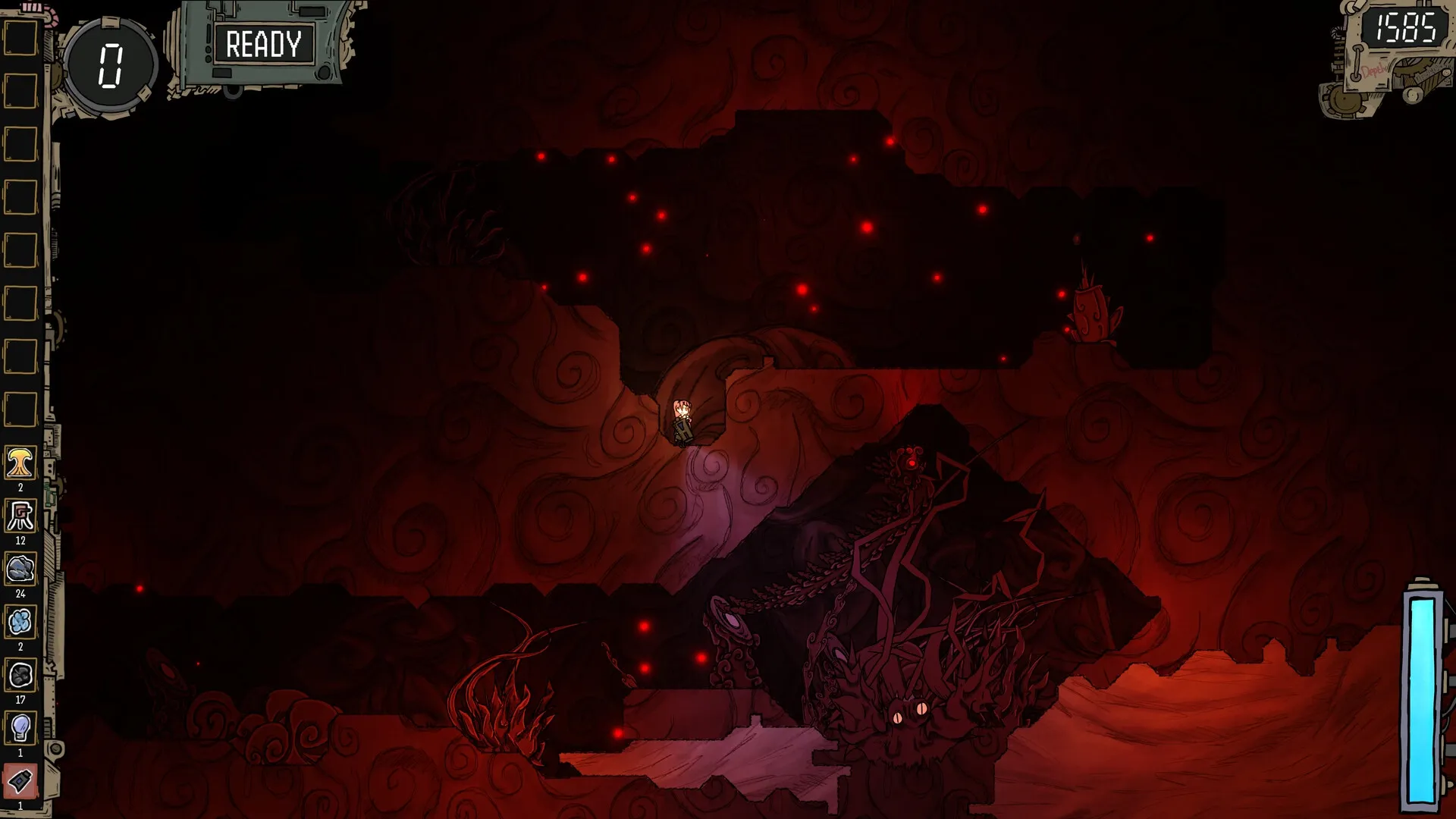 CleanFall: Character exploring dark cavern with glowing red lights and intricate, swirling patterns