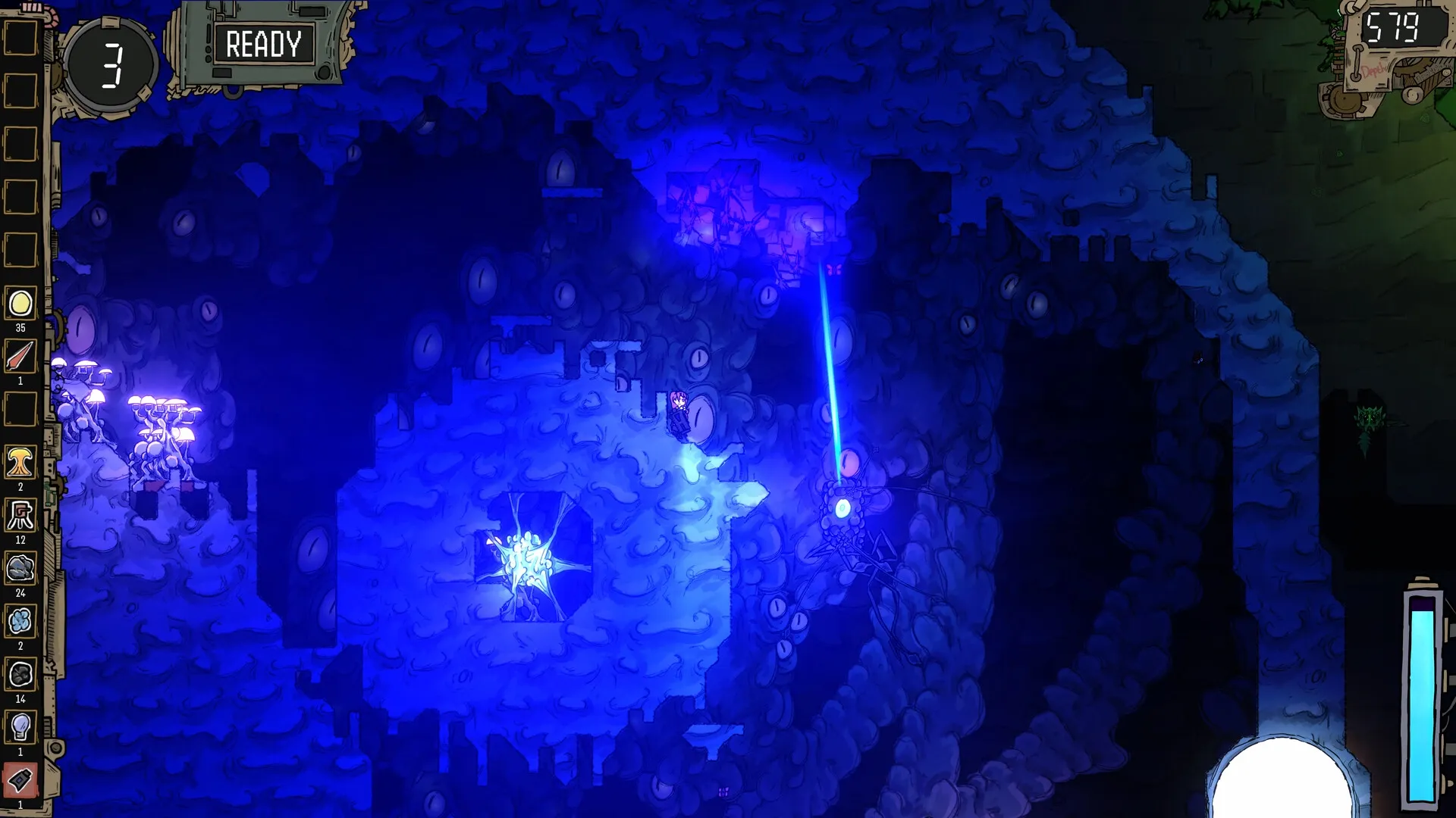 CleanFall: Player character exploring glowing blue cavern with inventory and health bar visible