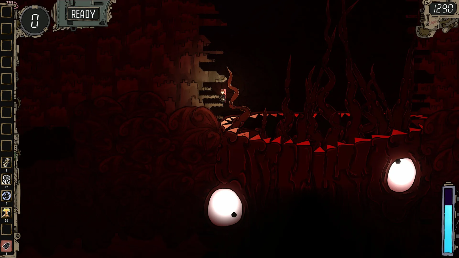 CleanFall: Character navigating dark cavern with large creature and UI inventory on the left side