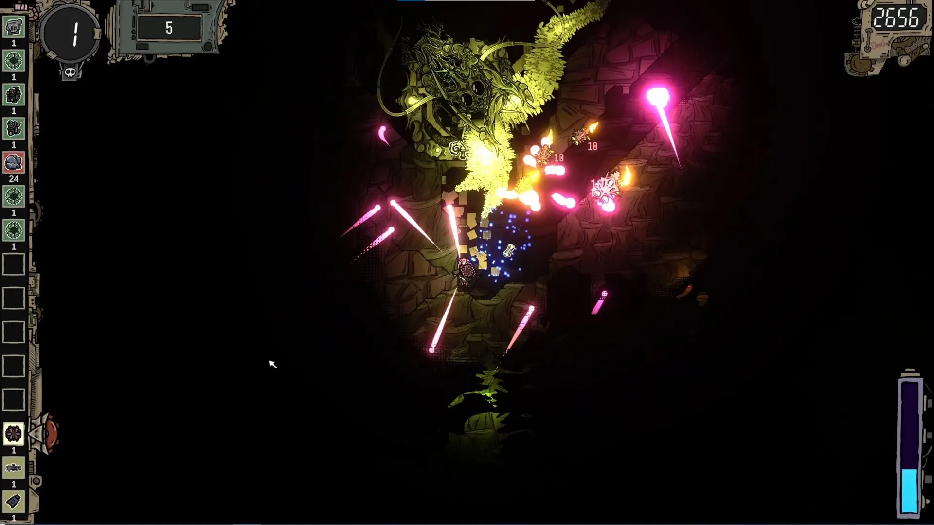 CleanFall: Character battles glowing pink projectiles in a dark cave with inventory displayed