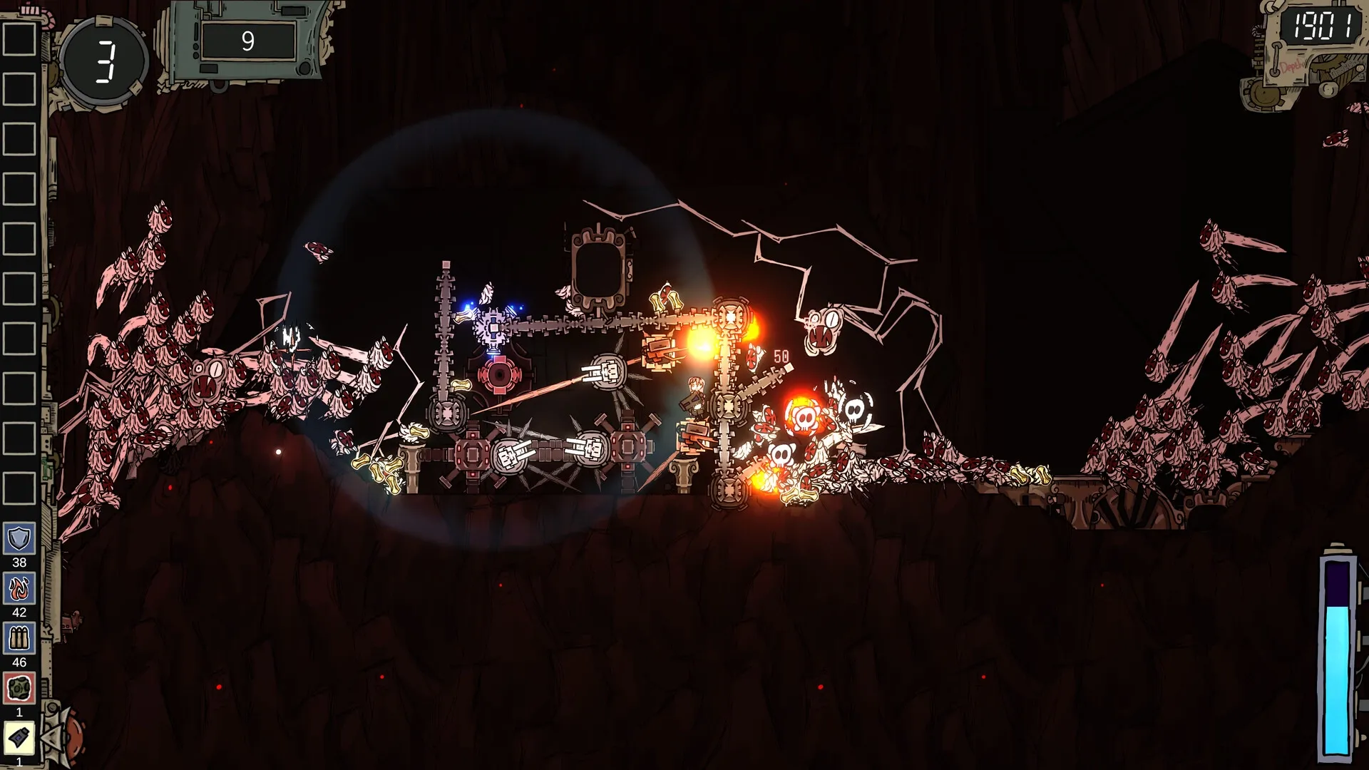 CleanFall: Player fortifies structure with turrets against swarm in dark cavern environment
