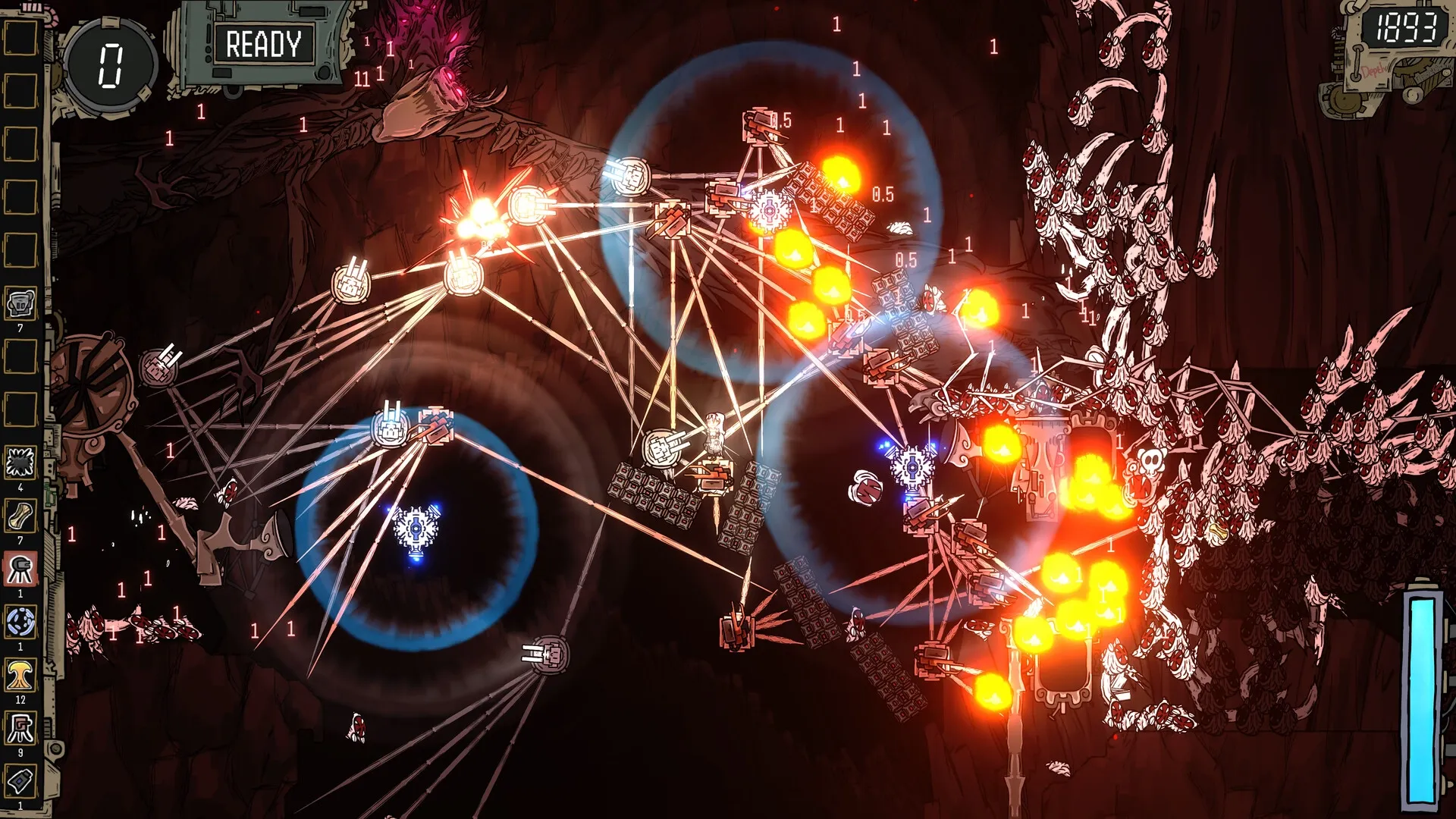CleanFall: Gun turrets fire at enemy horde in dark cave with inventory and health bar visible
