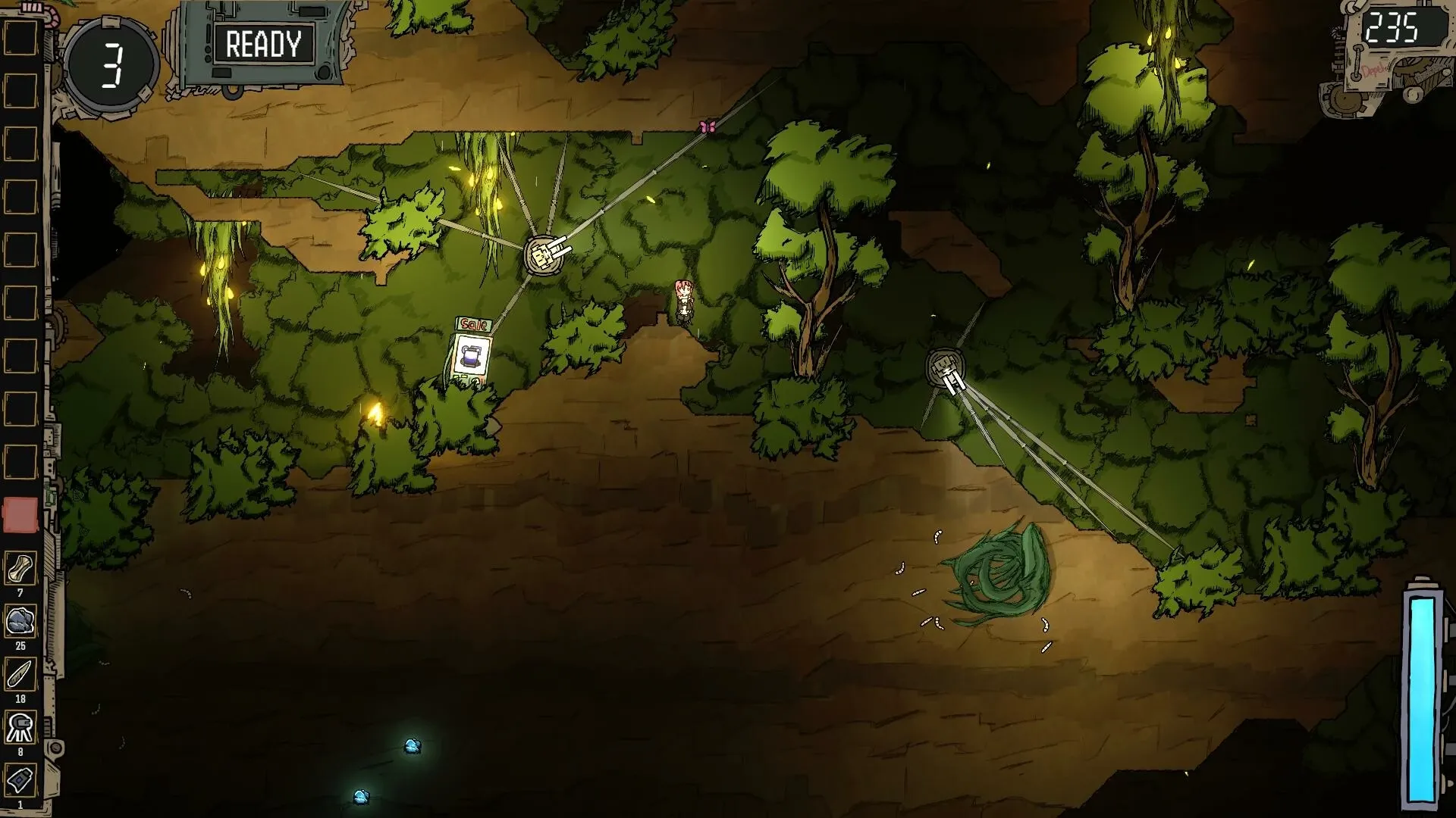 CleanFall: Character exploring underground cavern with gun turrets and lush vegetation in dim light