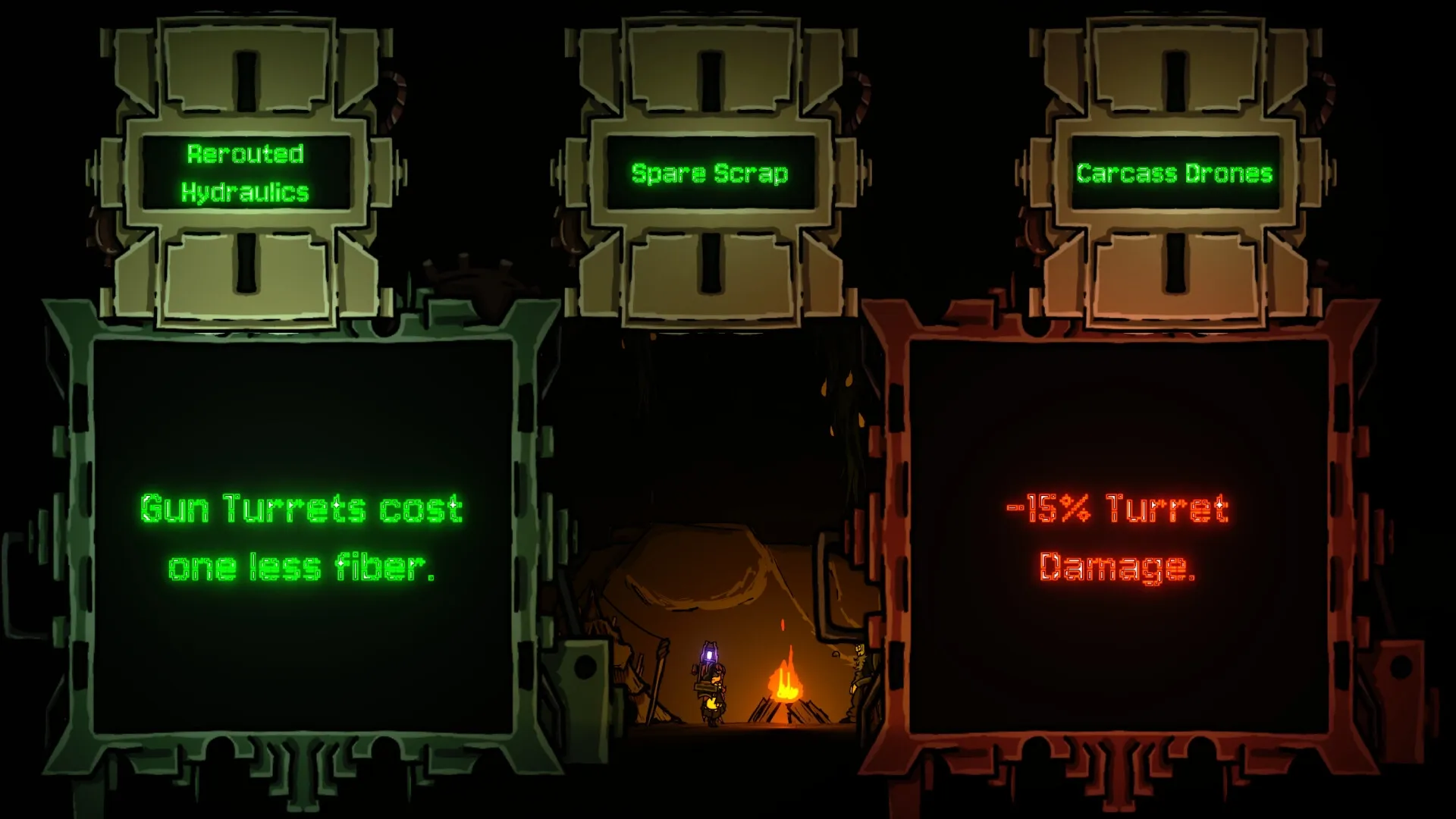 CleanFall: Character choosing upgrades by a campfire with options for turrets and drones in dark cave.