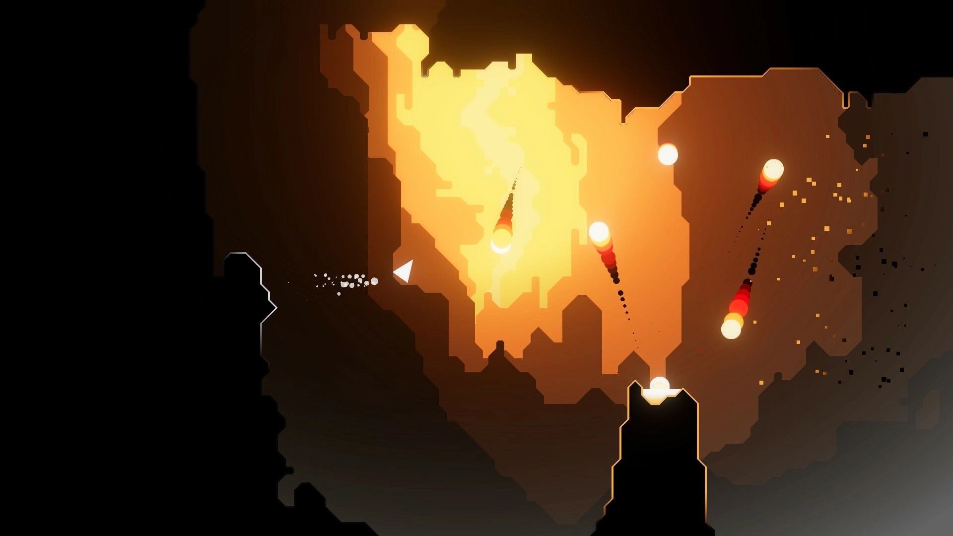 Cleared For Impact: Spaceship navigating a dark cavern with glowing projectiles and jagged terrain.
