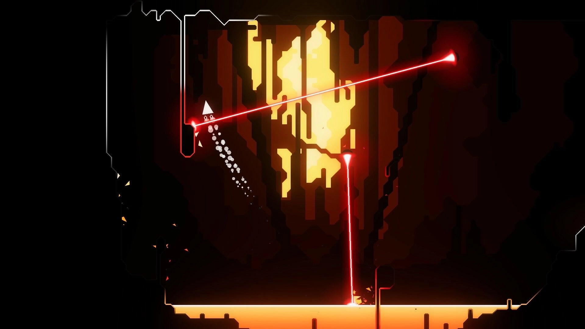 Cleared For Impact: Triangular ship dodging red lasers in dark cave with glowing orange background