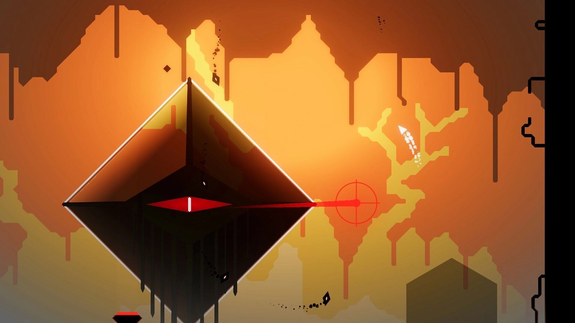 Cleared For Impact: Navigate through an orange cave with a triangular obstacle and a laser aiming target