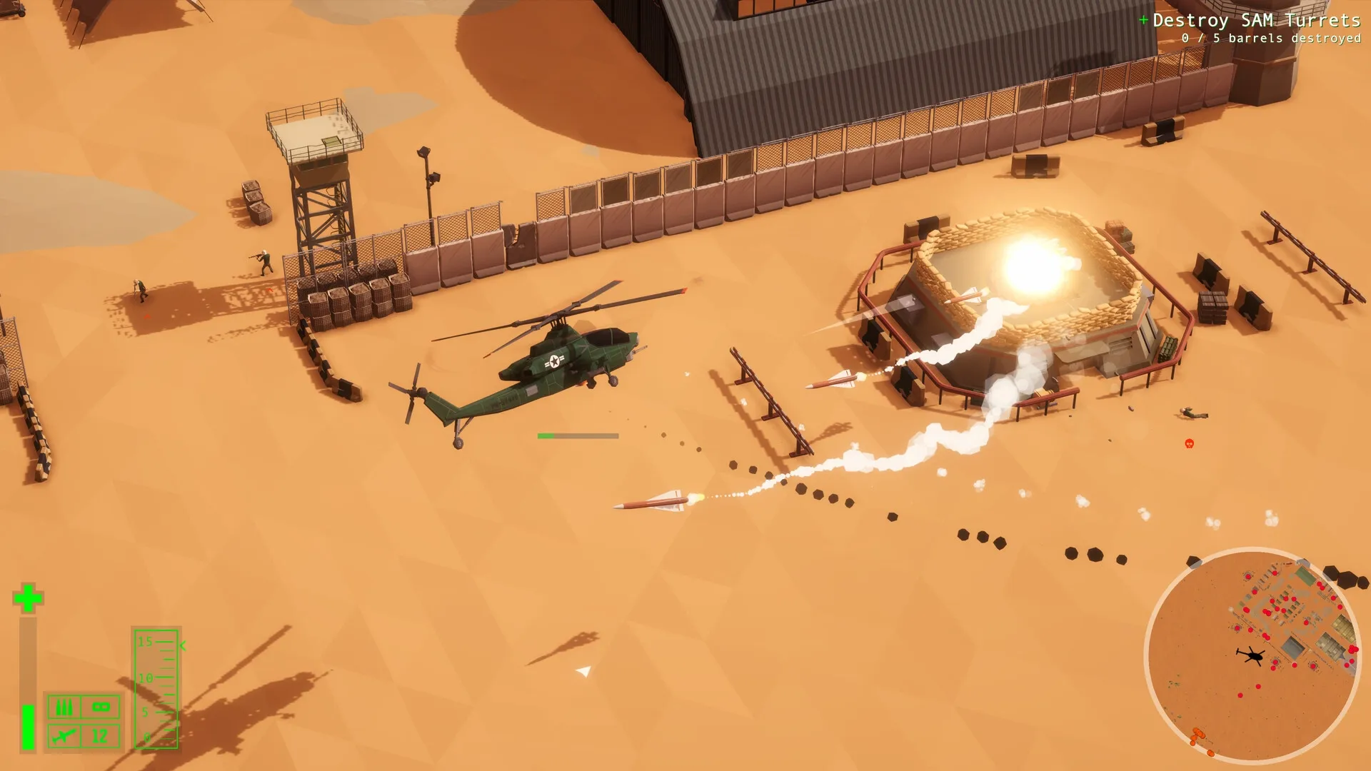 Cleared Hot: Helicopter attacking SAM turret in desert base with missile trails and explosion effects