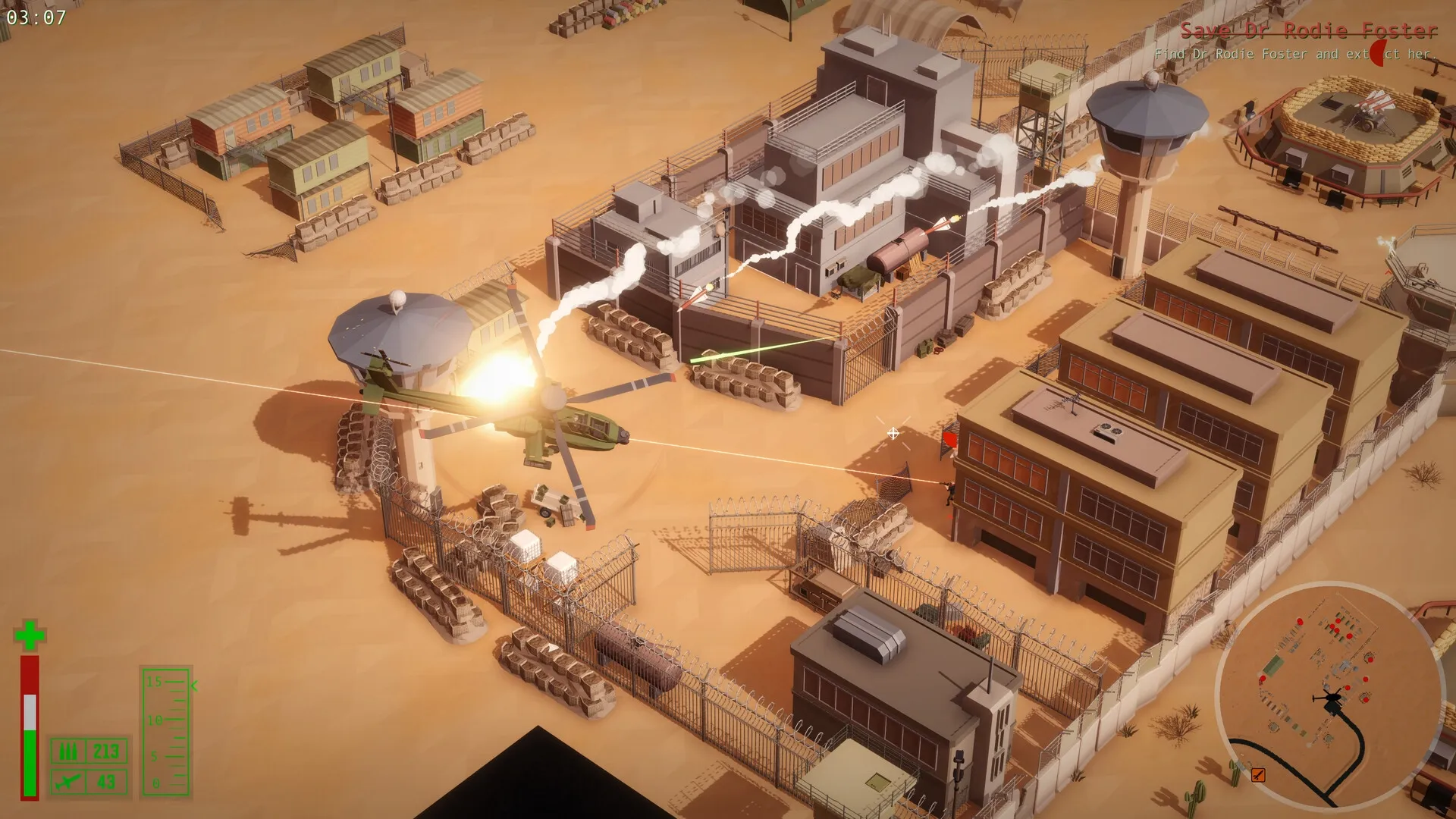 Cleared Hot: Helicopter battle above a desert military base with UI health and minimap visible