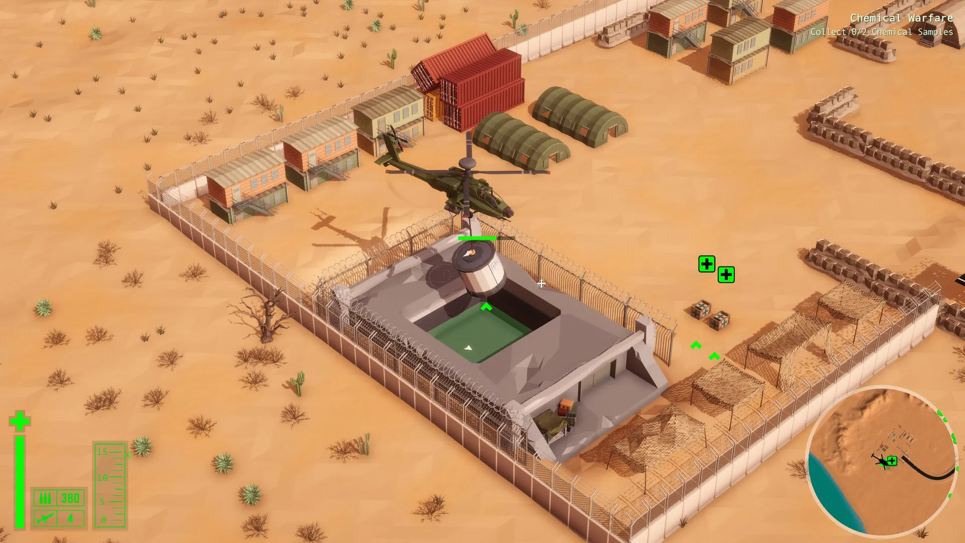 Cleared Hot: Helicopter hovering over desert base collecting chemical sample with visible mission objectives.