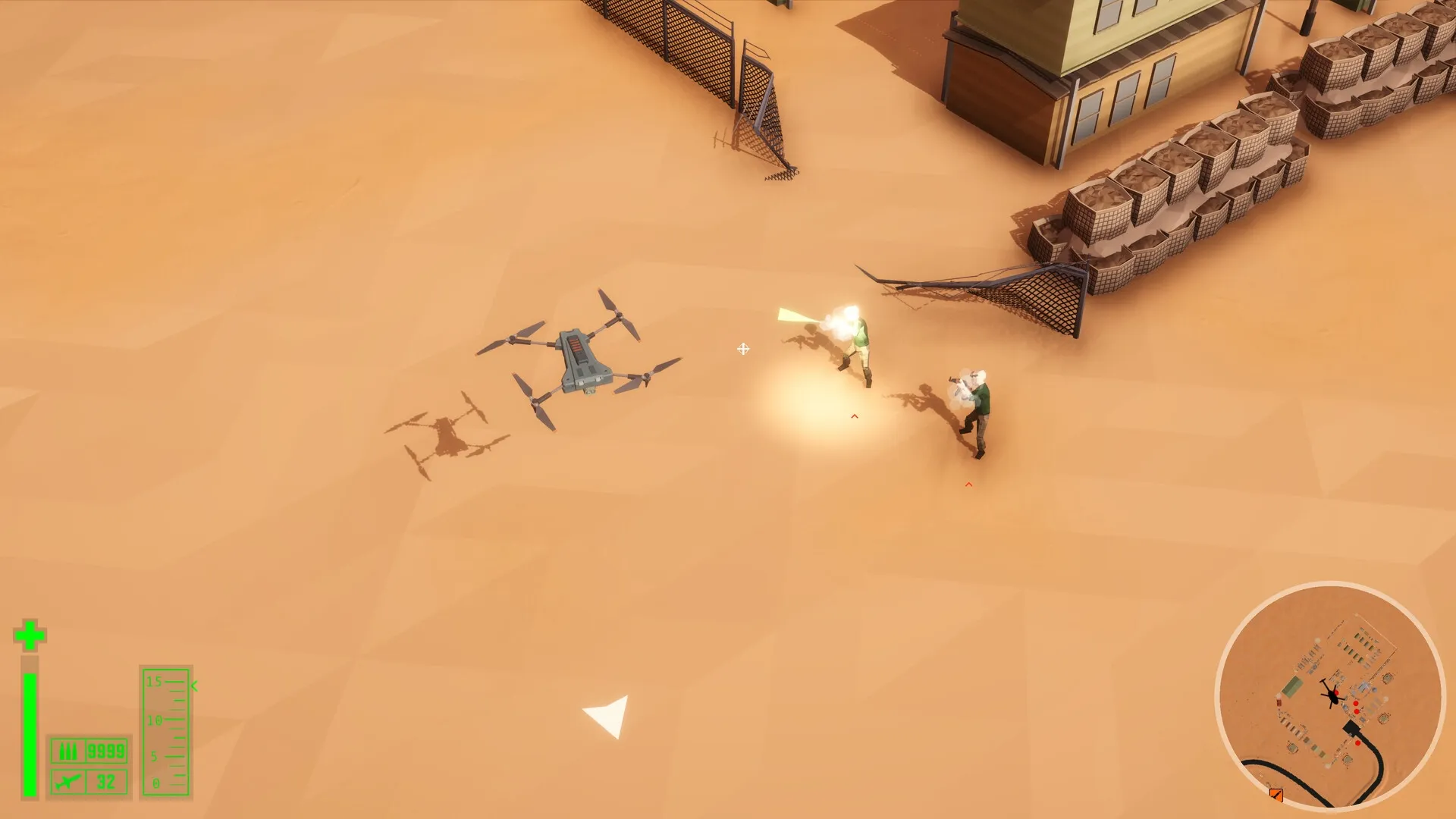 Cleared Hot: Drone engages two armed soldiers in a desert base with UI showing health and map indicators.