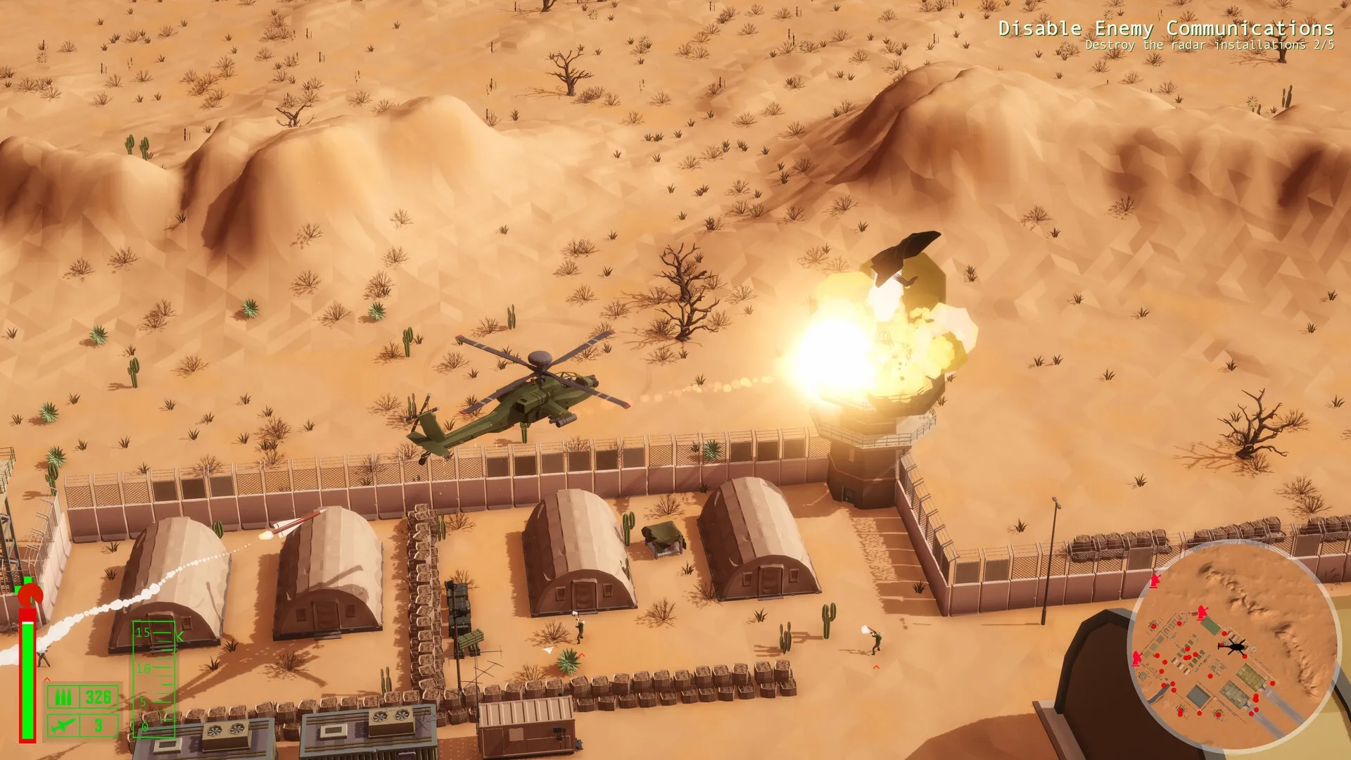 Cleared Hot: Helicopter firing at radar tower in desert base with mission objective overlay visible