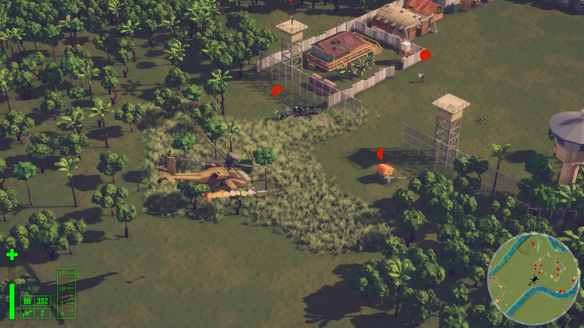 Cleared Hot: Helicopter attacking base with watchtowers, enemies, and trees in lush jungle terrain.