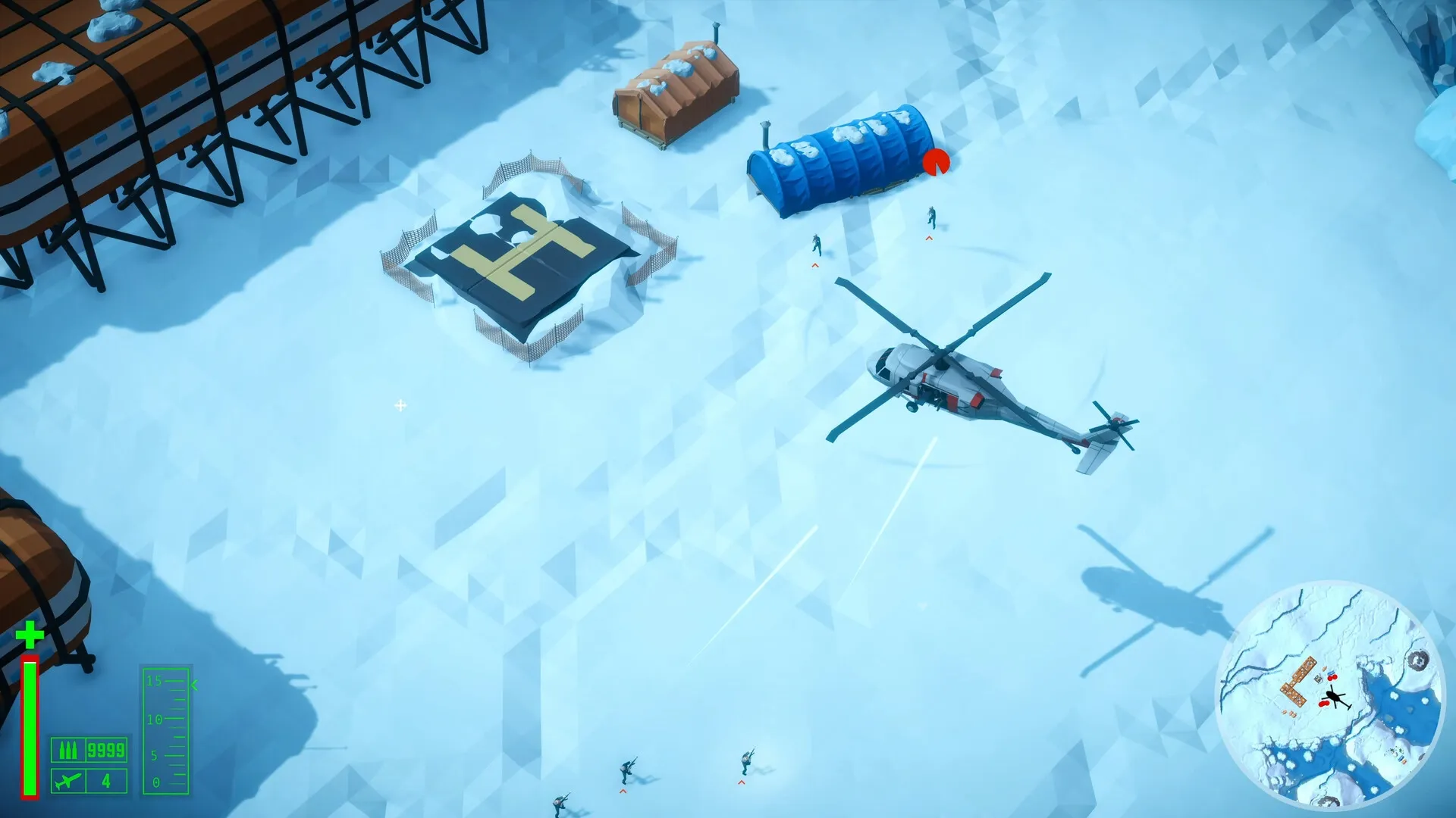 Cleared Hot: Helicopter hovering over snowy base with tents and helipad, soldiers below, UI visible
