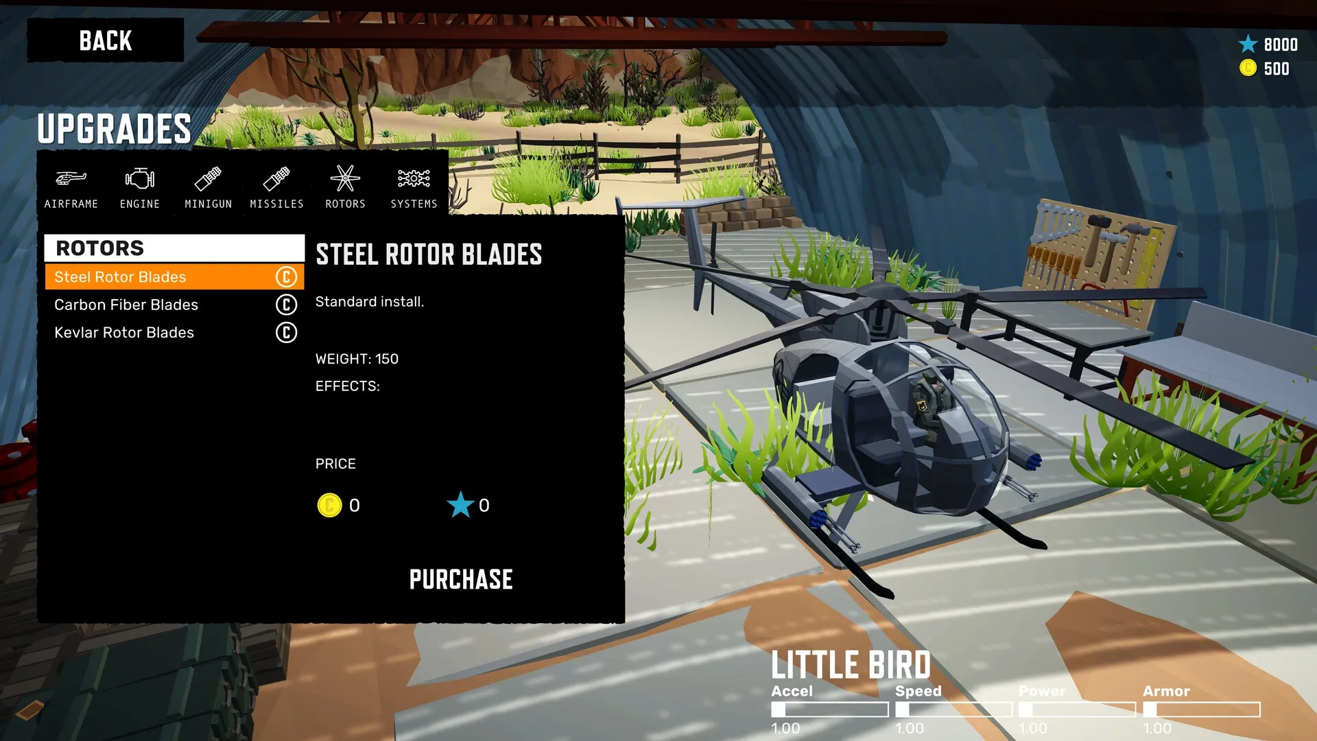 Cleared Hot: Helicopter upgrade menu in hangar with steel rotor blades selected and purchase option visible.