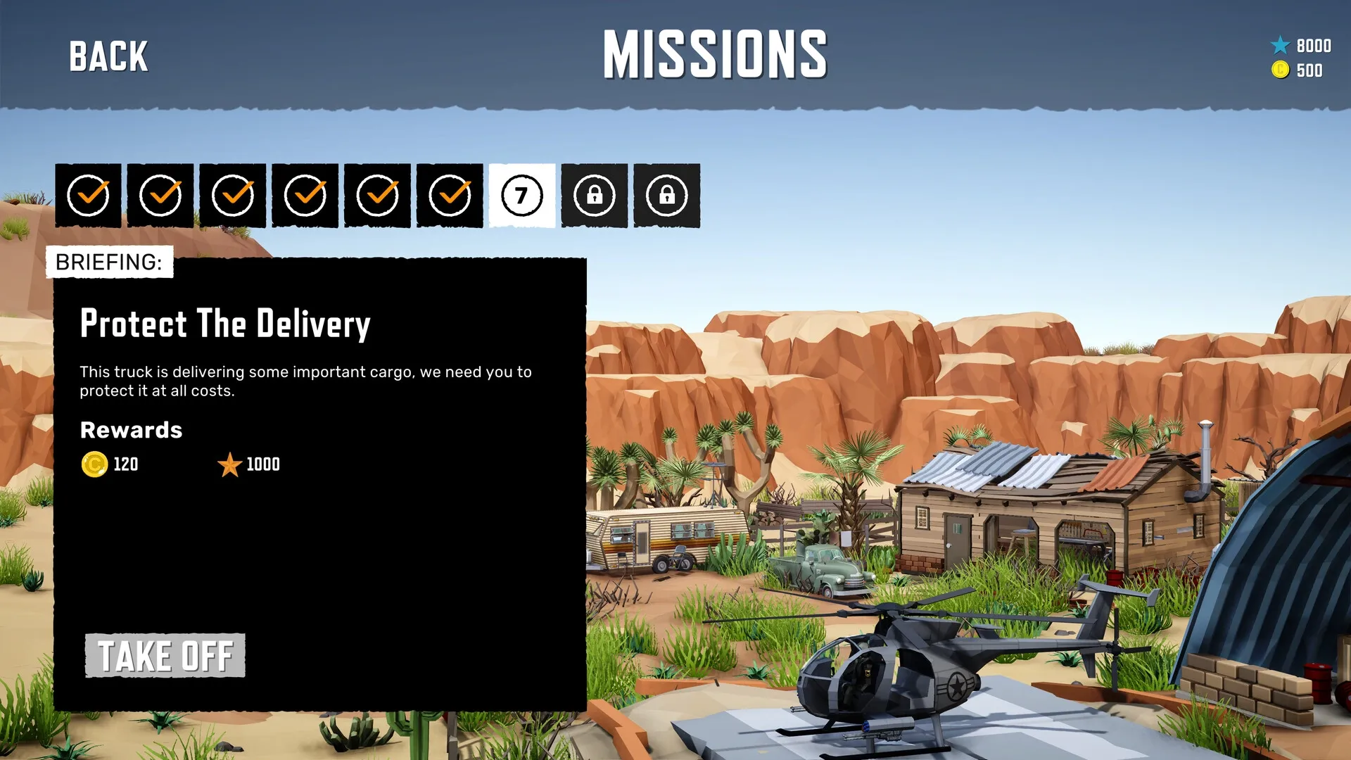 Cleared Hot: Mission briefing screen with helicopter ready for takeoff in desert village setting