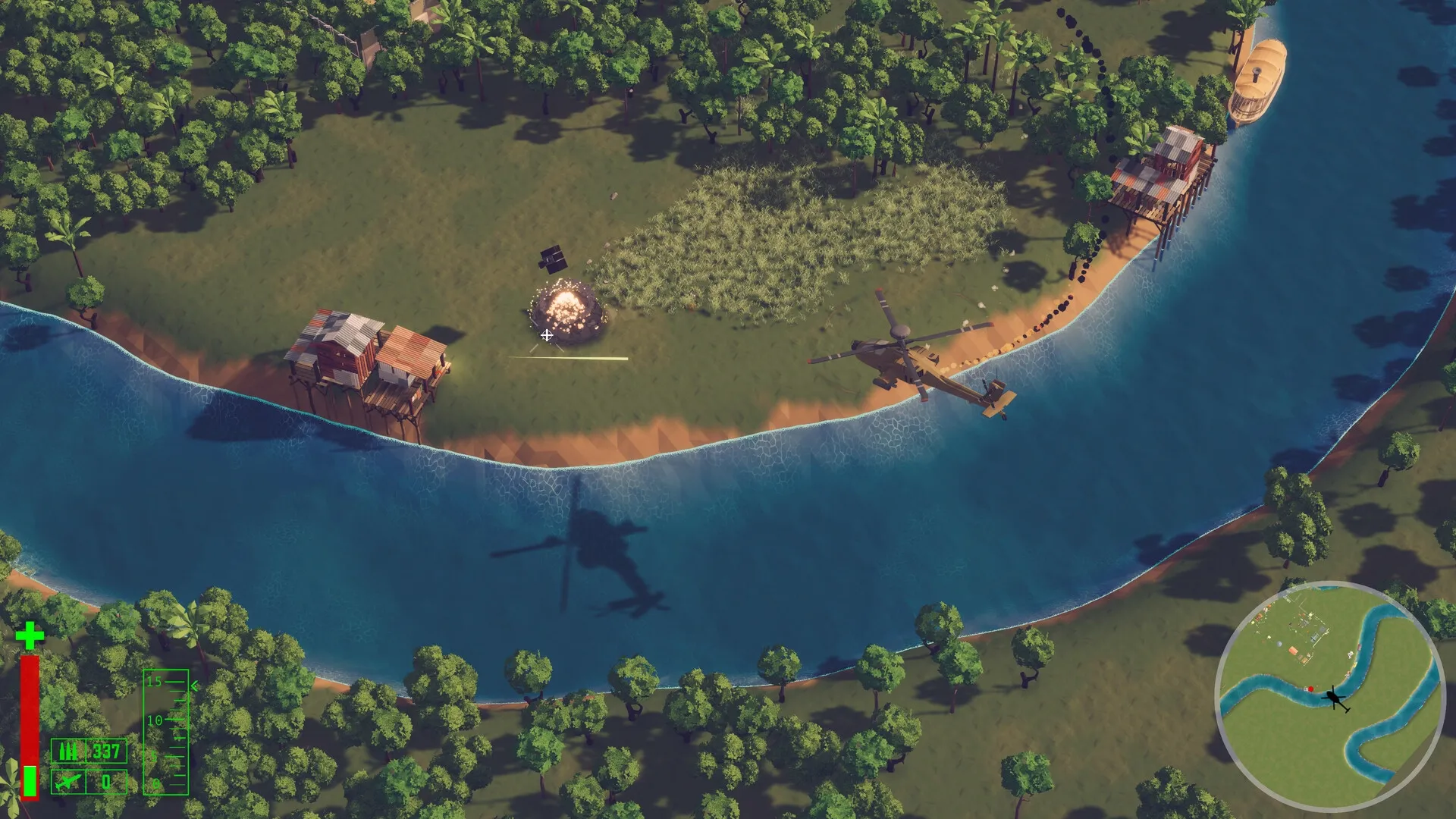 Cleared Hot: Helicopter flying over river with visible minimap and health bar in lush jungle setting.