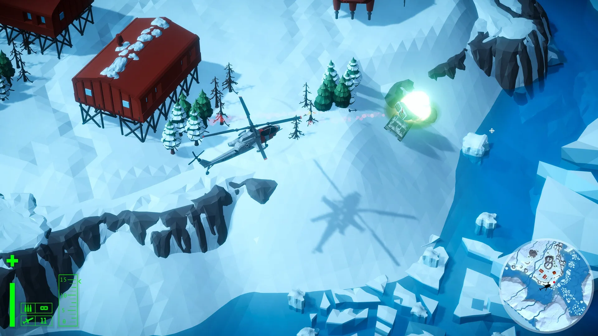 Cleared Hot: Helicopter firing at enemy tank on snowy terrain with map and HUD elements visible