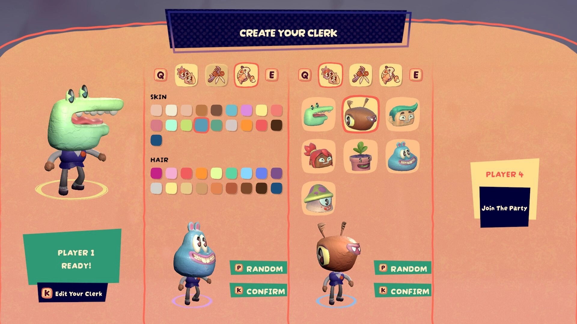 Clerks and Quirks: Character customization screen with avatar options, skin tones, and hair colors