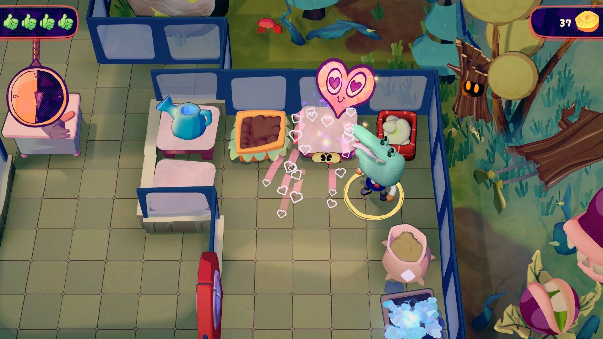 Clerks and Quirks: Character with heart emote in a whimsical store surrounded by quirky appliances