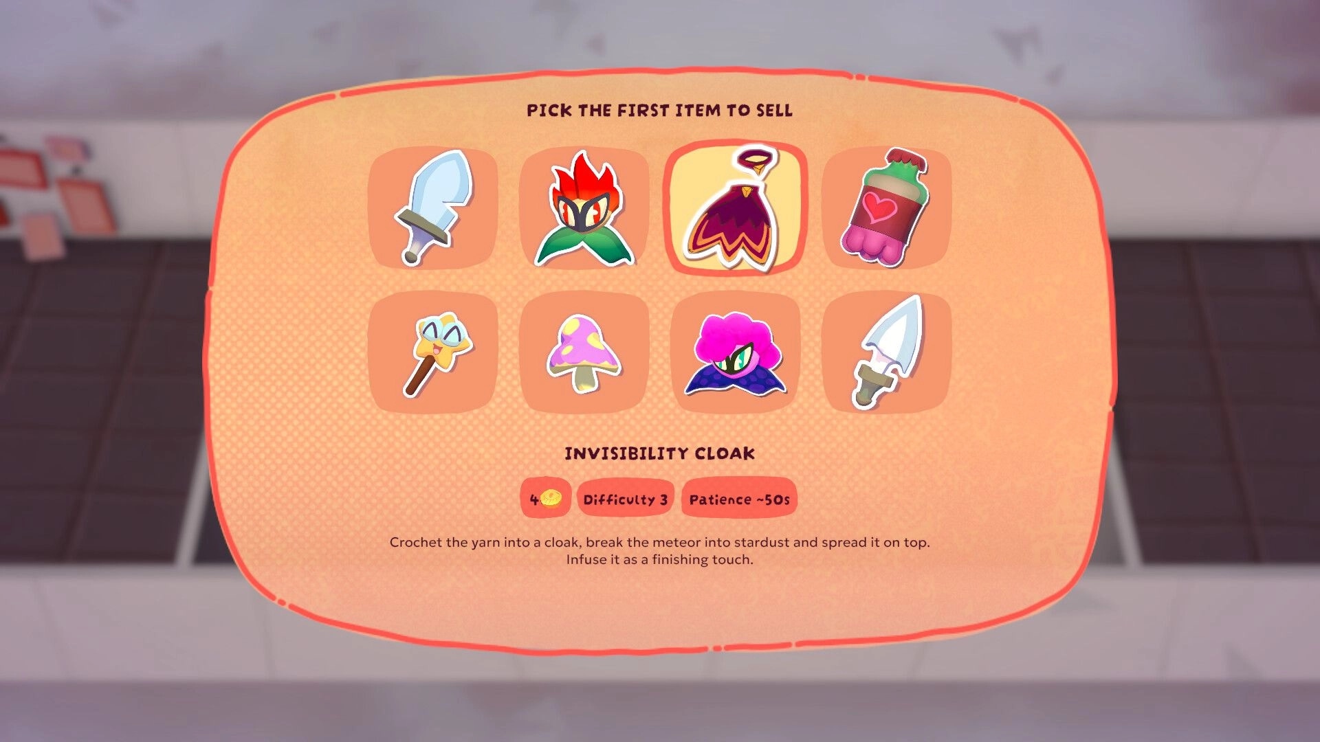 Clerks and Quirks: Item selection menu with various gear icons in a store setting