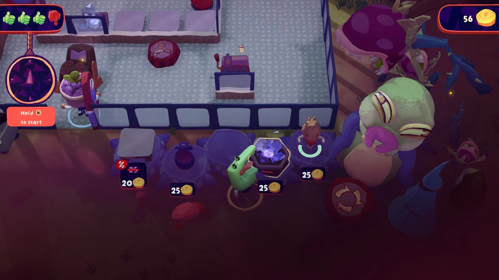 Clerks and Quirks: Crafting station with quirky characters and price tags in a whimsical shop setting.