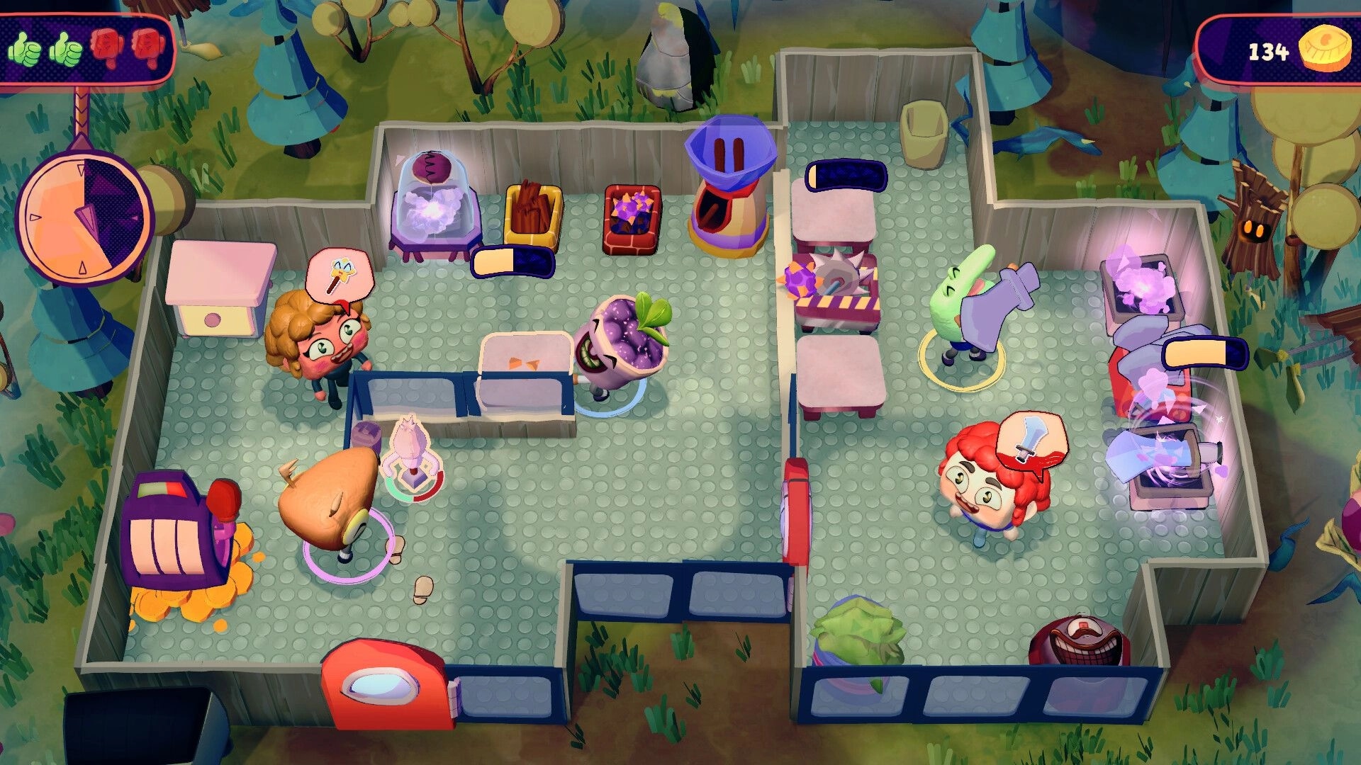 Clerks and Quirks: Busy store interior with quirky employees crafting and managing items in a forest setting.