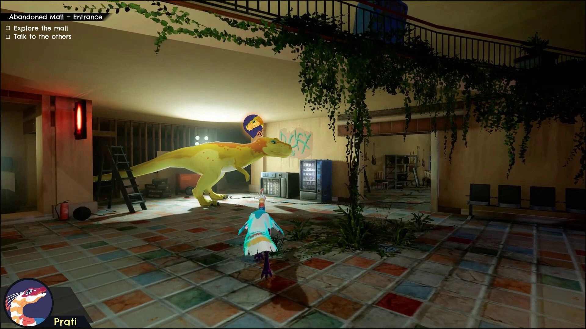 Clever Girls: Prati approaches a dinosaur in an overgrown mall entrance with vending machines and tasks.