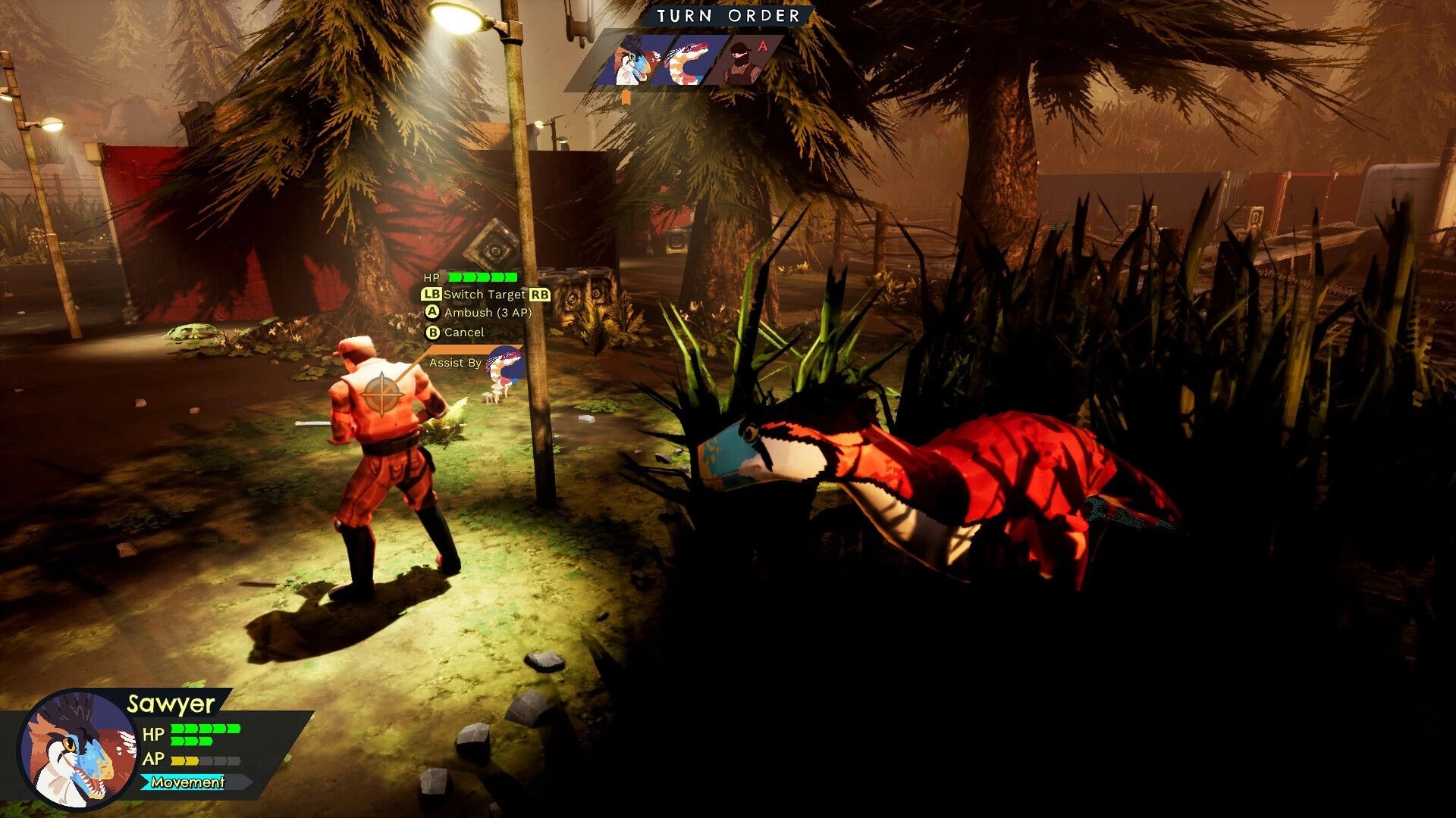Clever Girls: Sawyer ambushes poacher from grass in forest clearing, with UI showing HP and AP stats.