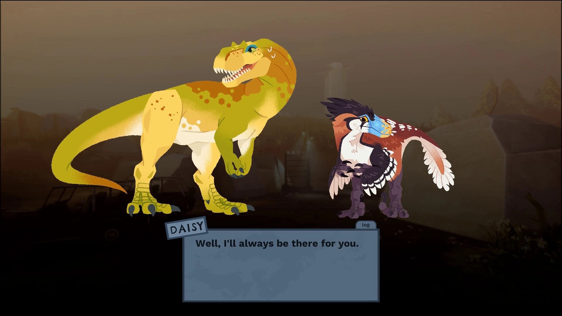 Clever Girls: Daisy and companion converse on a foggy island, dialogue box displaying heartfelt message.