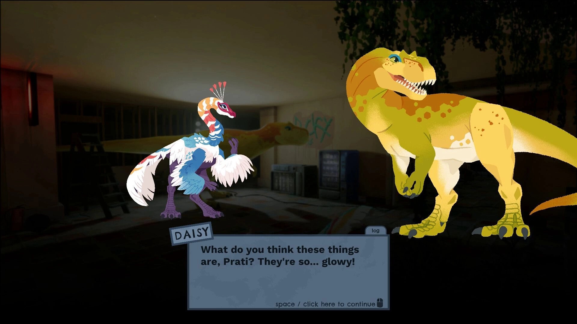 Clever Girls: Daisy and Prati discuss glowing objects in a dimly lit, overgrown building interior.