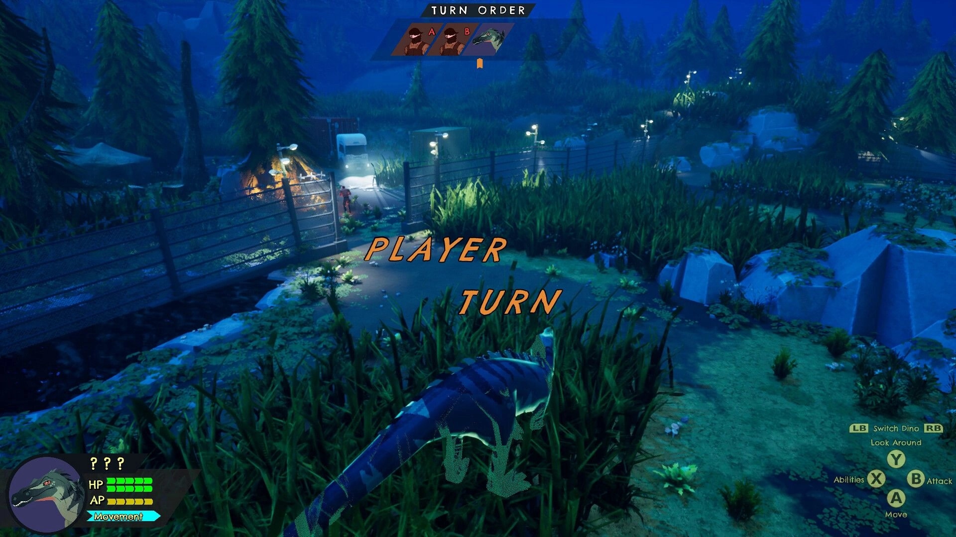 Clever Girls: Dinosaur sneaking through tall grass in nighttime forest with poachers by a fence gate.