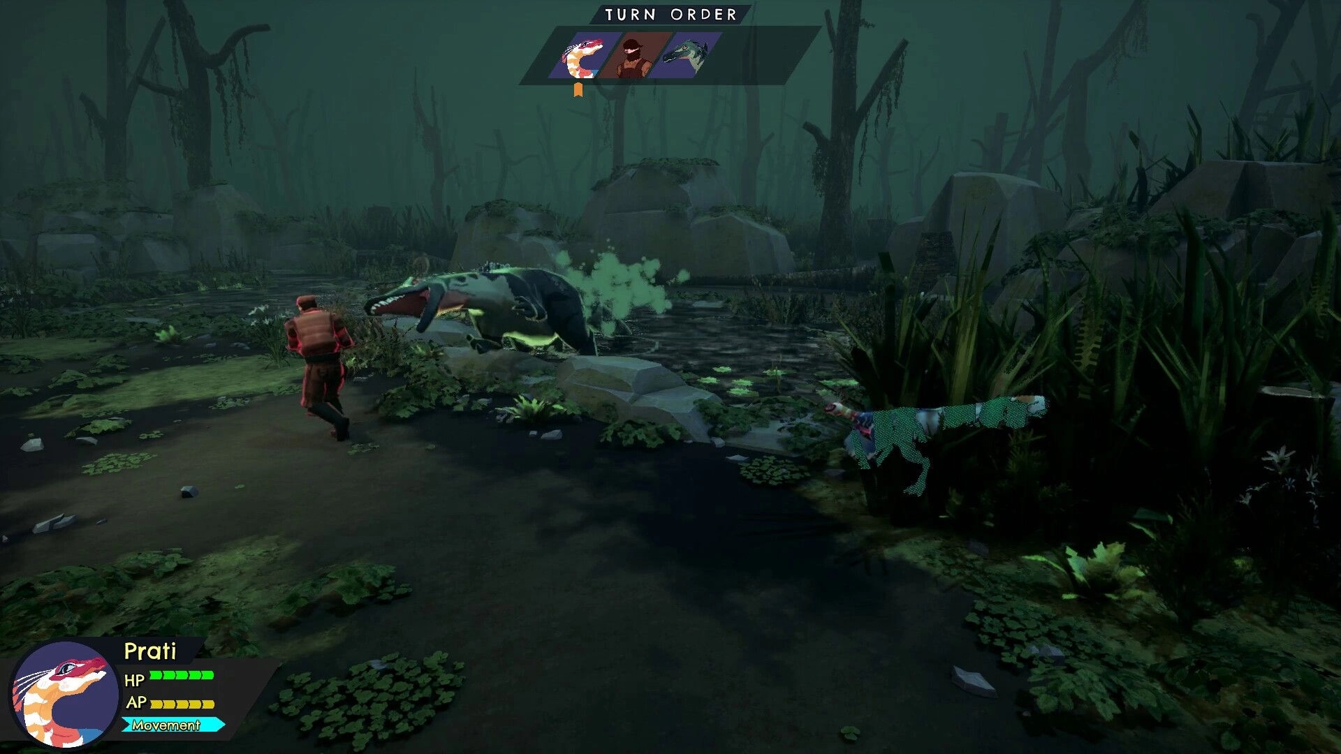 Clever Girls: Prati in stealth mode evades poacher in dark swamp, turn order shown above.