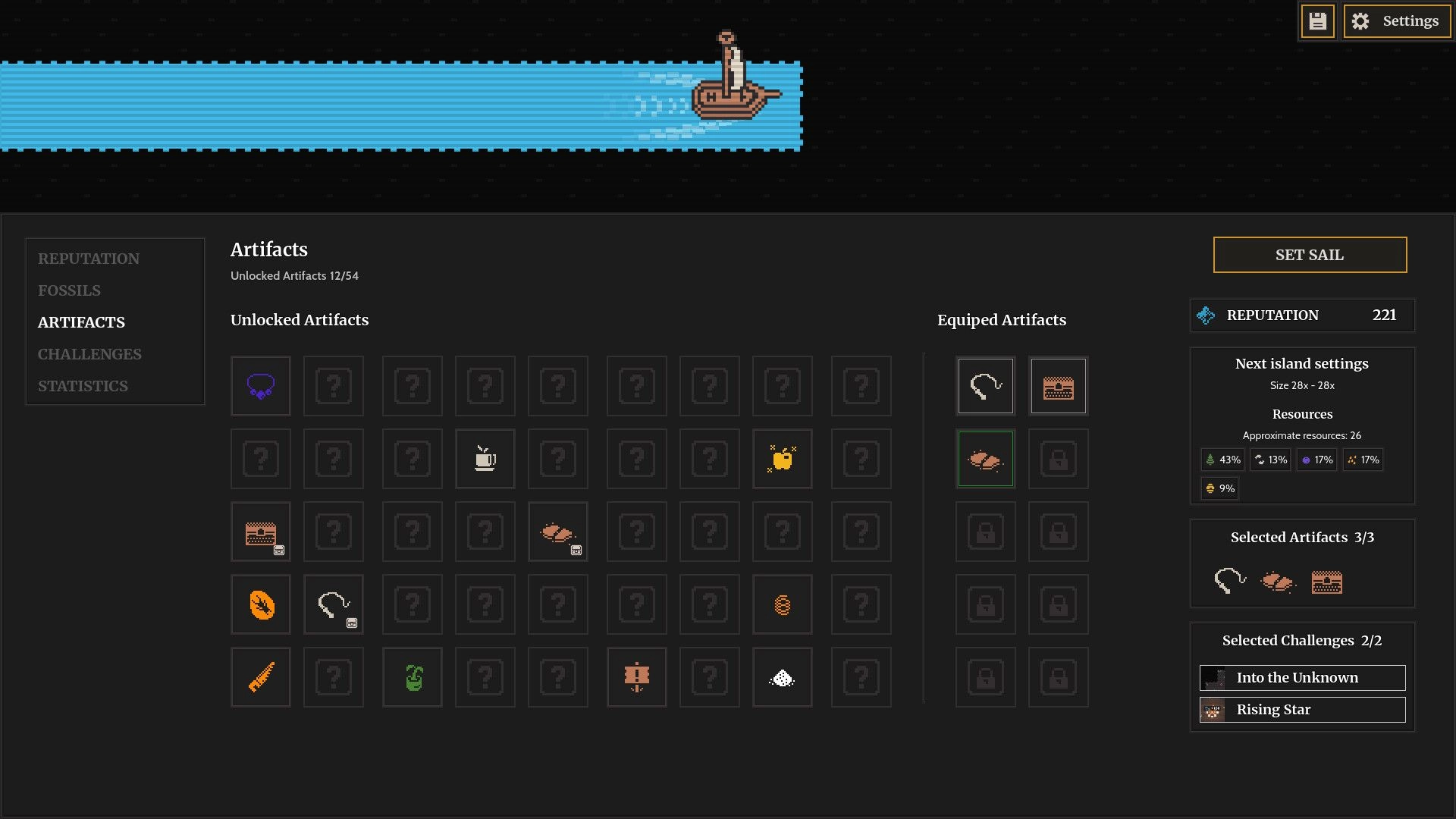 Clicky Islands: Artifacts menu with unlocked grid and equipped slots beside Set Sail and reputation panel.