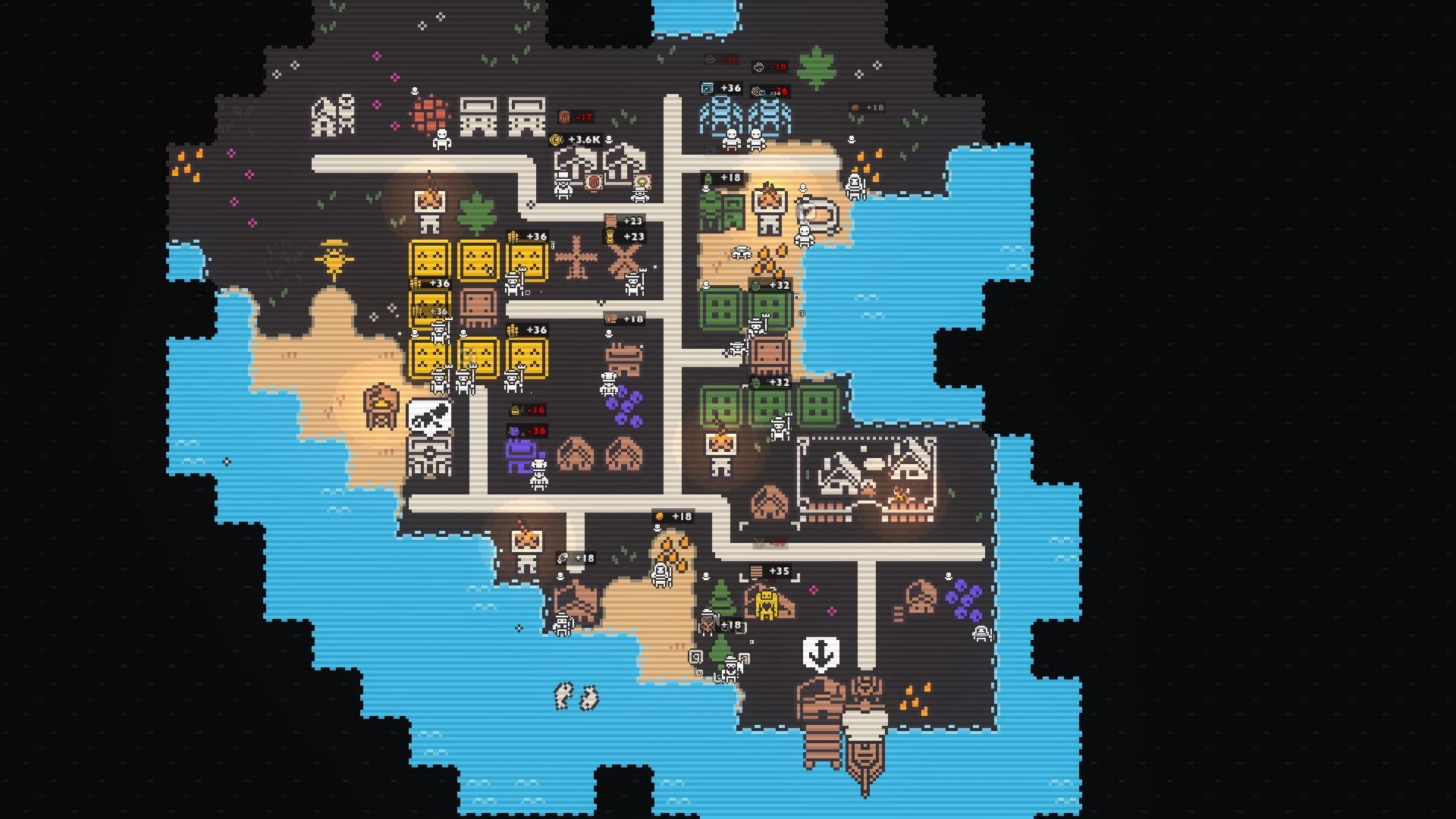 Clicky Islands: Island town build view with roads, workers, and resource popups on a coastal map.