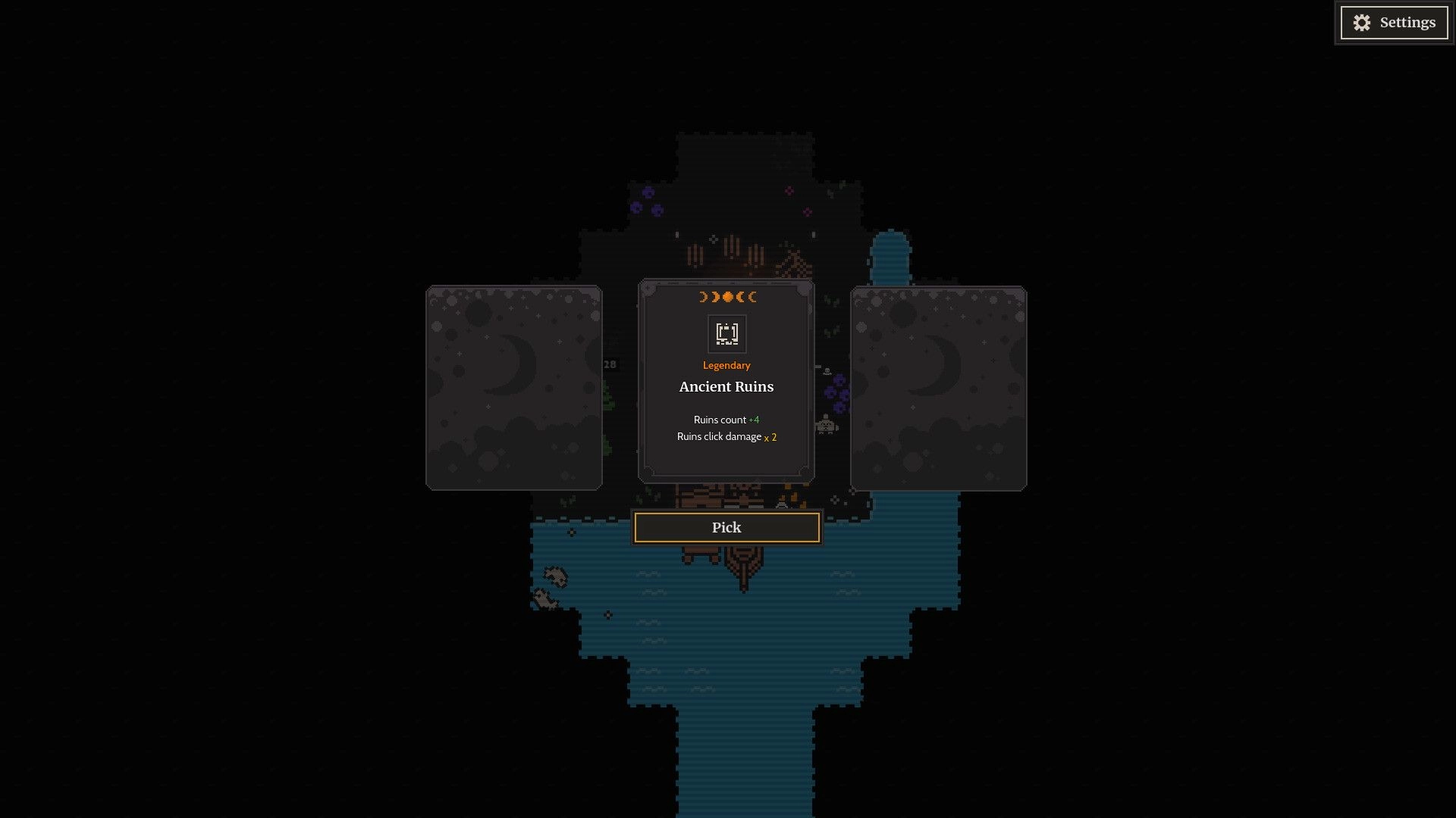Clicky Islands: Legendary Ancient Ruins card pick menu over dark island map with Settings button.