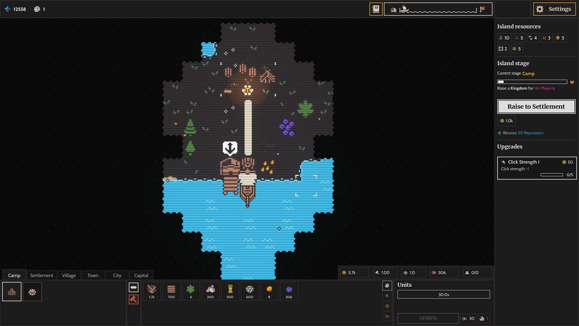 Clicky Islands: Camp island view with dock and campfire, Raise to Settlement button and upgrades panel.