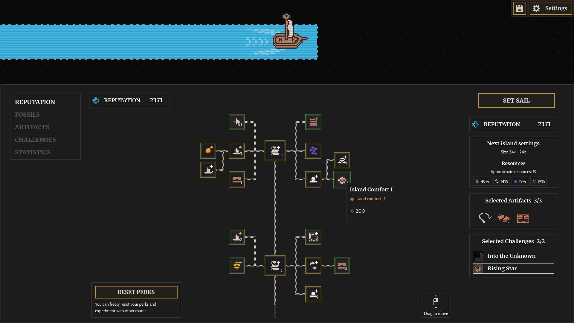 Clicky Islands: Reputation perk tree screen with Set Sail button, artifacts and challenges panels on right.