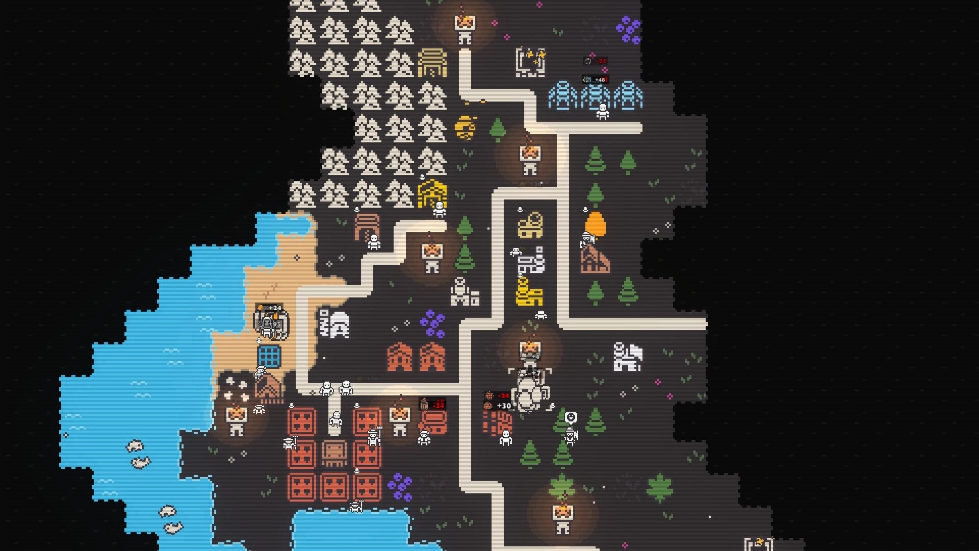 Clicky Islands: Island map with winding roads, buildings and workers, coastline and forests in view.