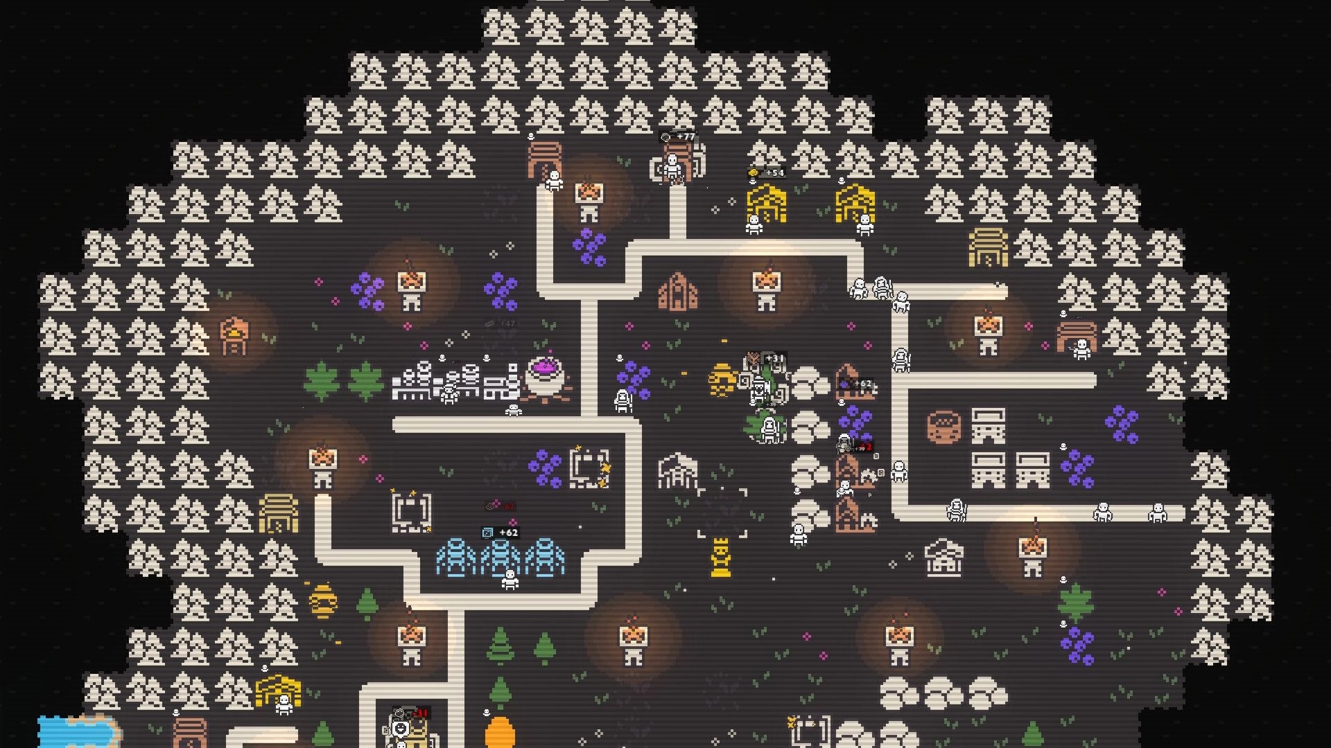 Clicky Islands: Island base overview with roads, huts, workers, and resource popups on dark terrain.