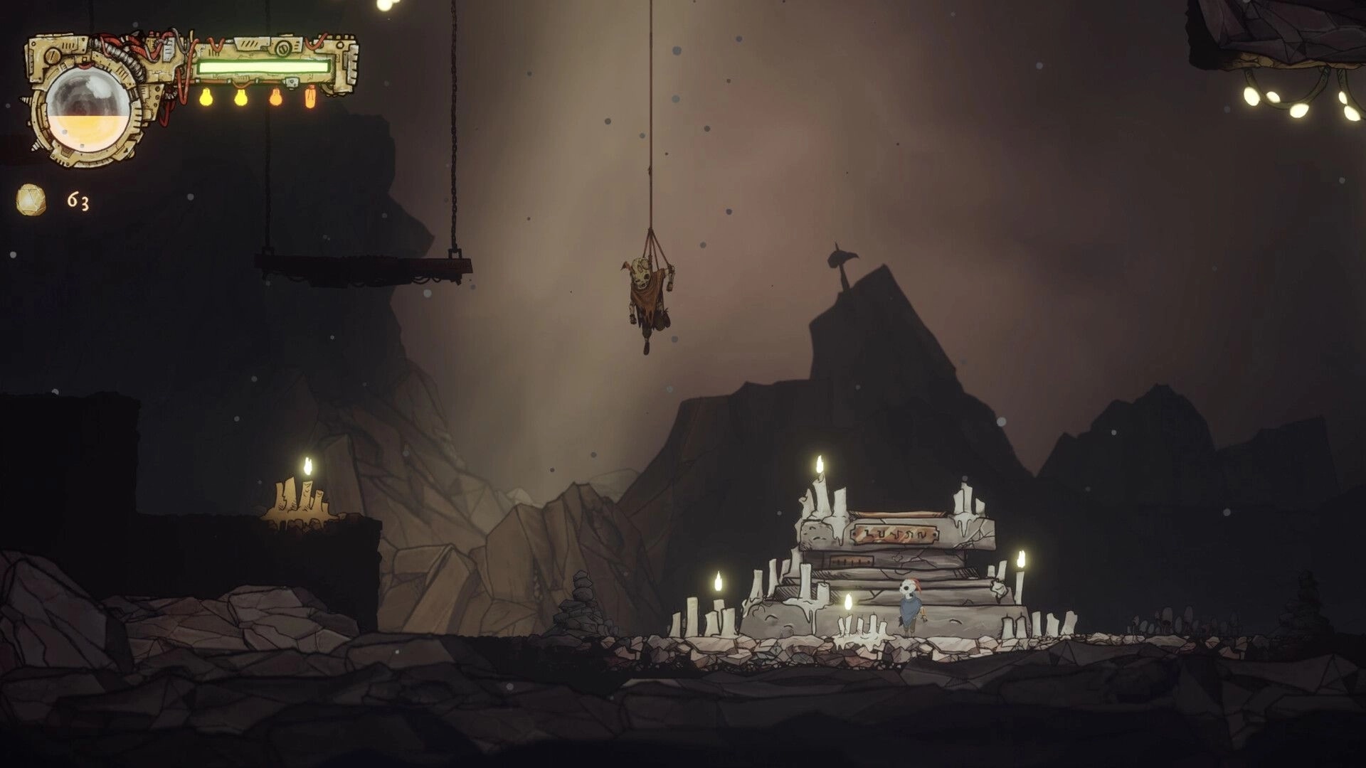 Cliff Kingdom: Mothboy stands by a candlelit altar as a hanging enemy drops in a dark cave chamber.