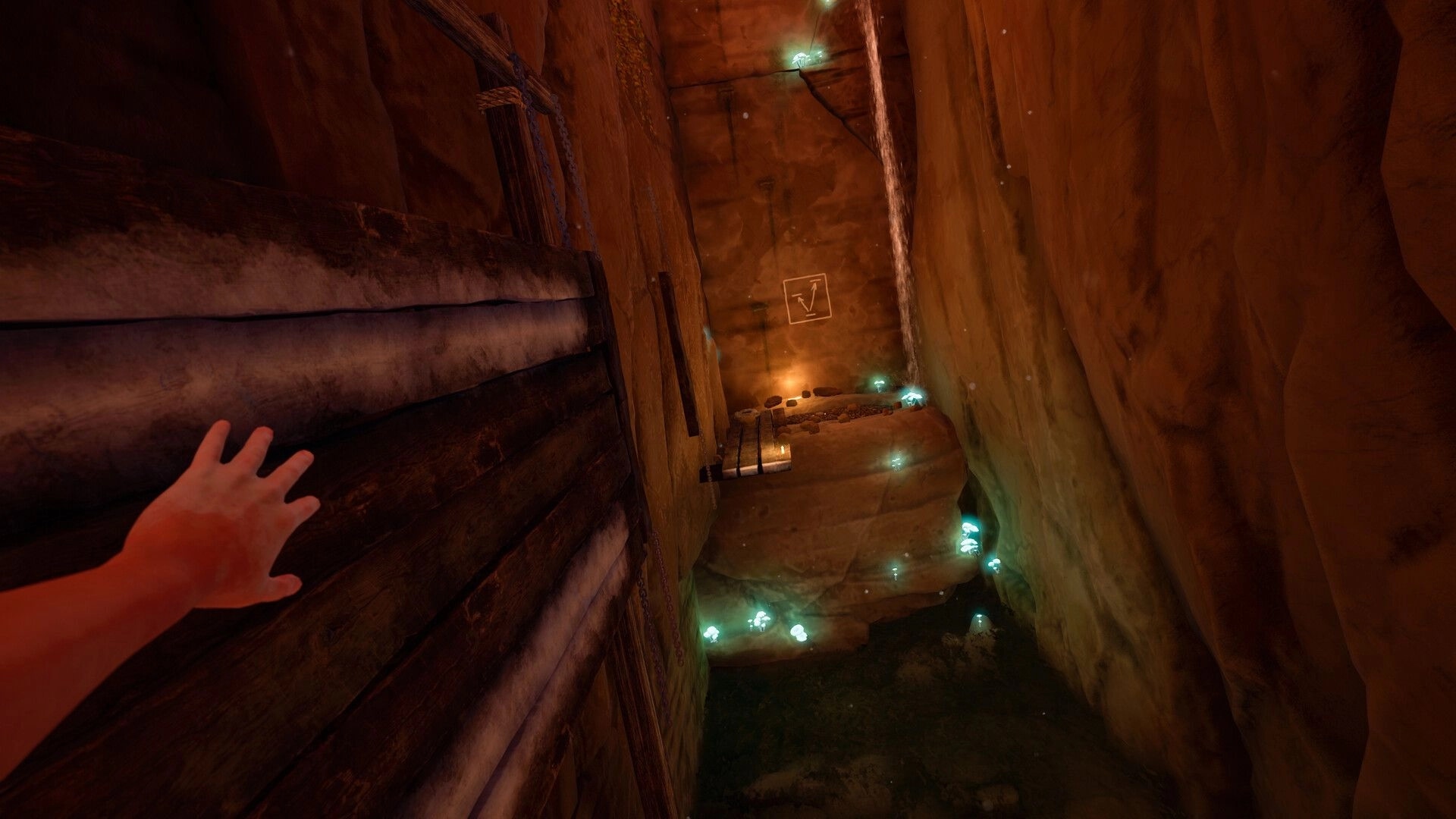 CLIMB IT!: First-person climbing view inside a narrow cave with glowing crystals and wooden ledges