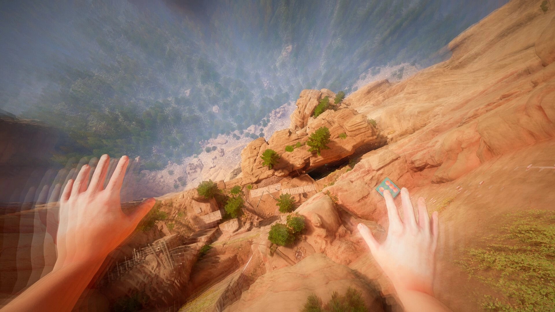 CLIMB IT!: Player's hands reach for ledges on steep cliffside with distant forest view below