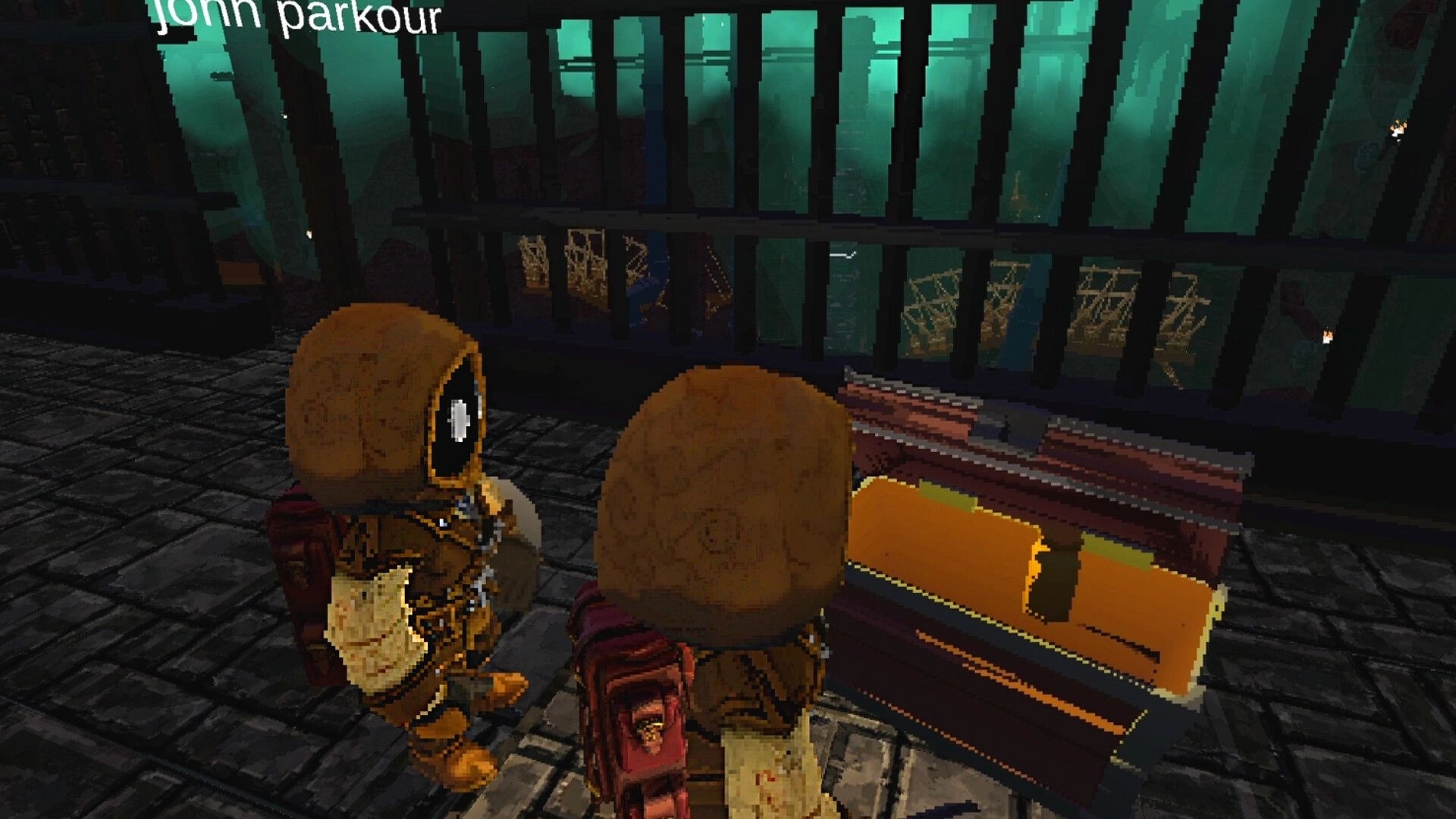 Climb It Up: Two hooded adventurers by a glowing treasure chest in a dark dungeon corridor near bars.