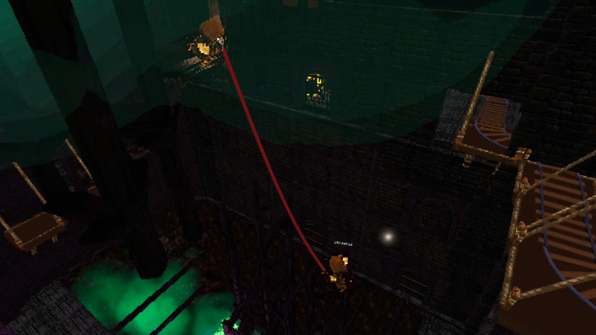 Climb It Up: Player grapples across a dark brick chasm above green slime with rope bridges nearby.