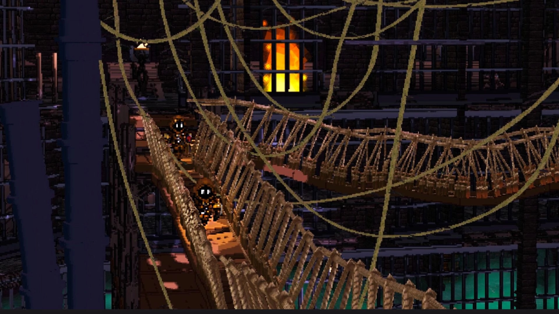 Climb It Up: Two hooded climbers cross rope bridges inside a dark stone dungeon with torchlight.