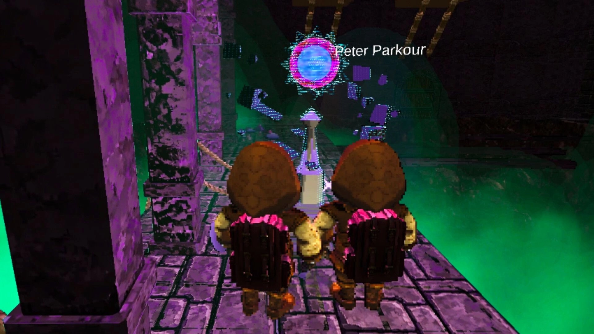 Climb It Up: Two co-op climbers face a floating orb labeled Peter Parkour in a dungeon corridor.